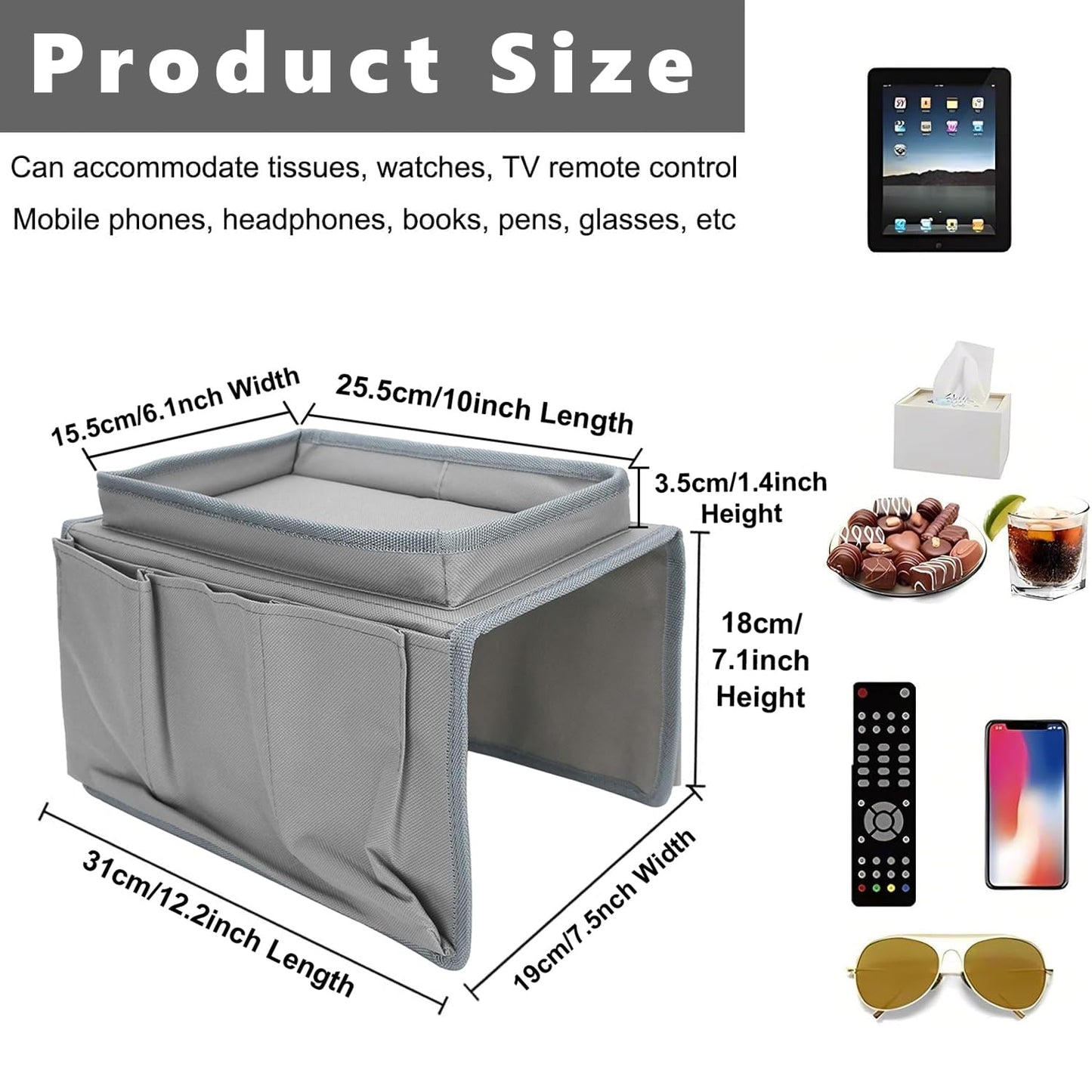 Sofa Armrest Organizer Candy Organizer with Tray & 5 Pockets, Foldable Couch Arm Rest Storage Bag Sofa Armchair Hanging Storage with Cup Holder for