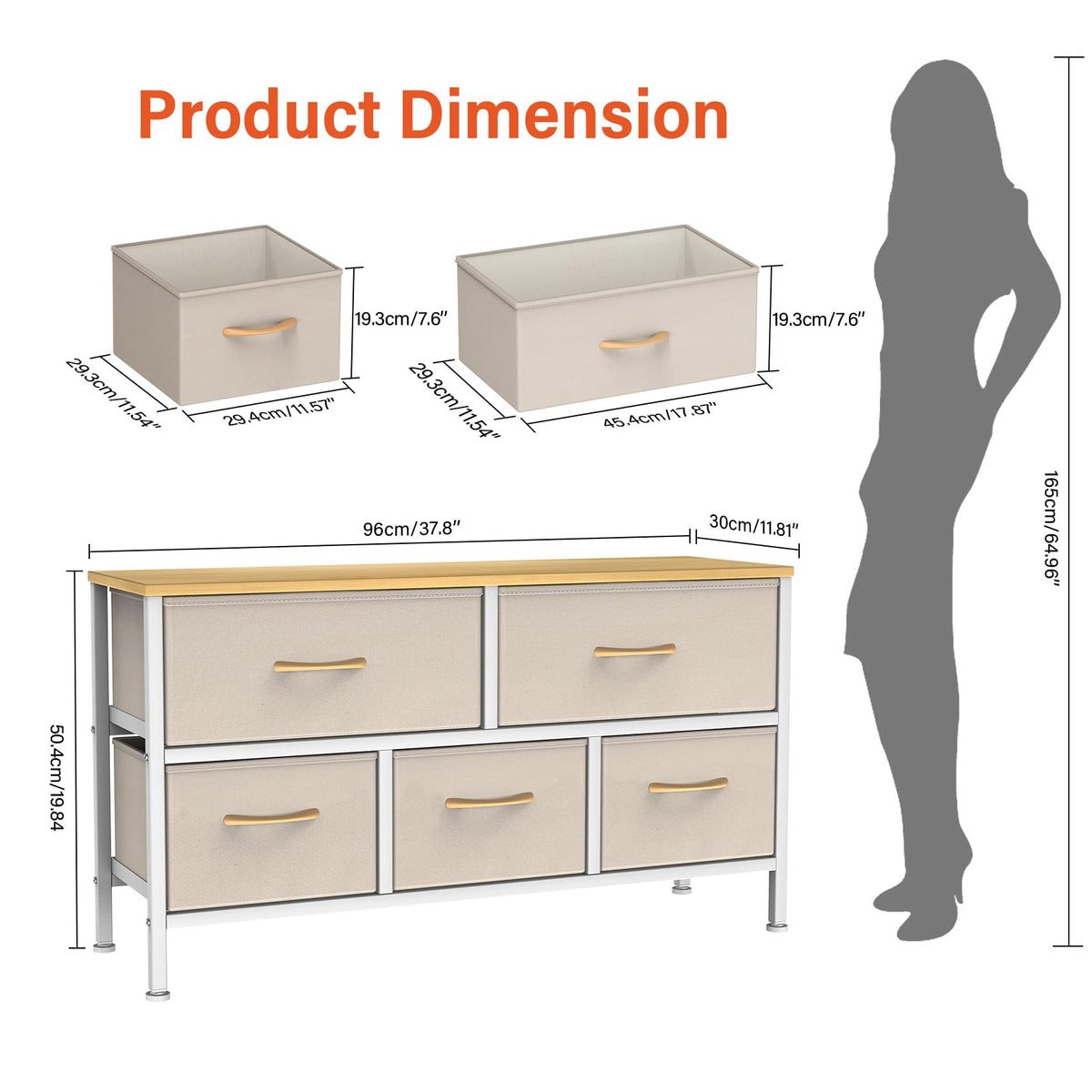 Feonase Bedroom Chest of Drawers, 5 Fabric Drawers Dresser with Metal Frame and MDF Top Board, Modern Storage Unit for Bedroom Living room, Entryway