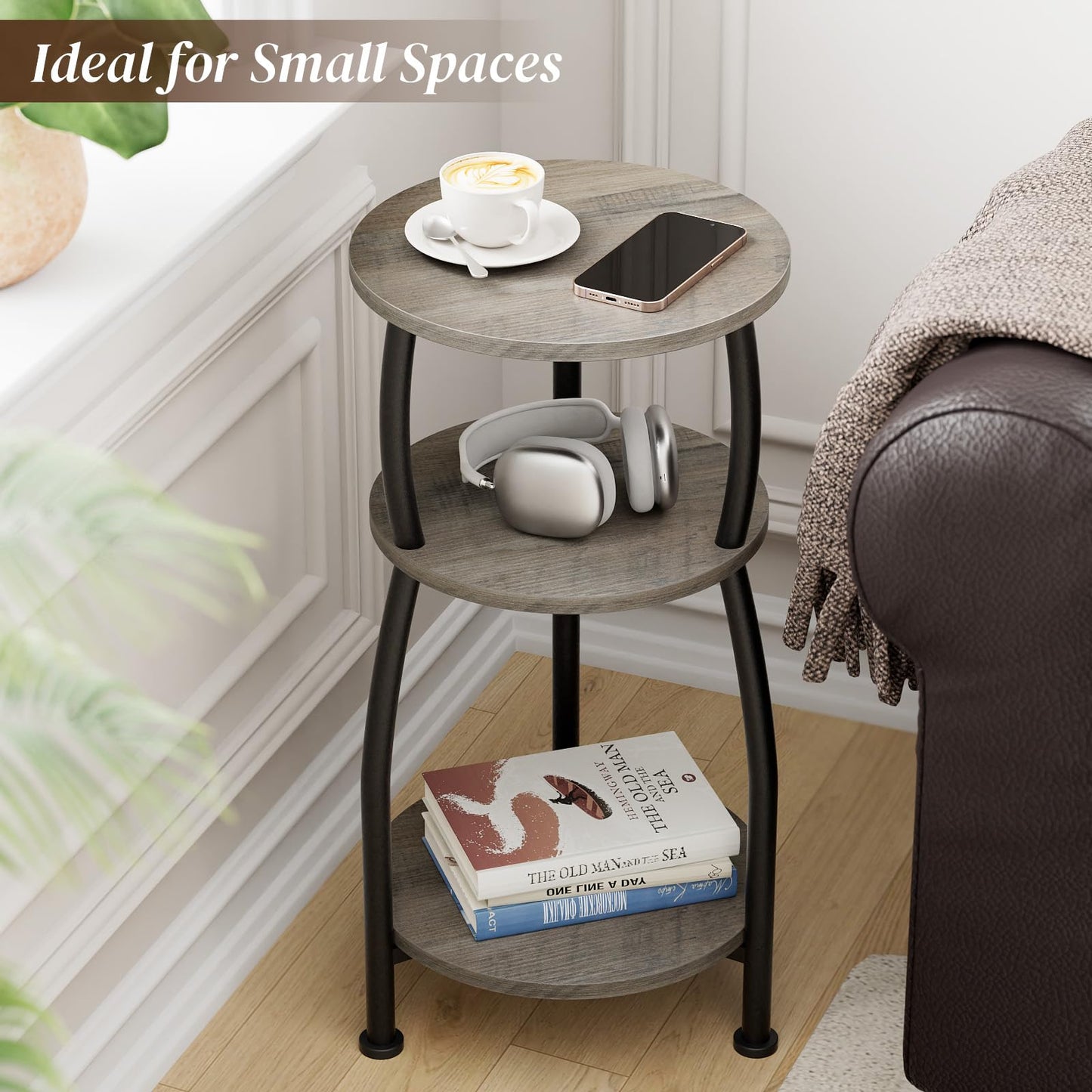 Yuede Round Side Table, 3 Tier Slim Round Coffee Table, Small End Table with Storage Shelf, Bedside Table, for Living Room, Bedroom, Small Space