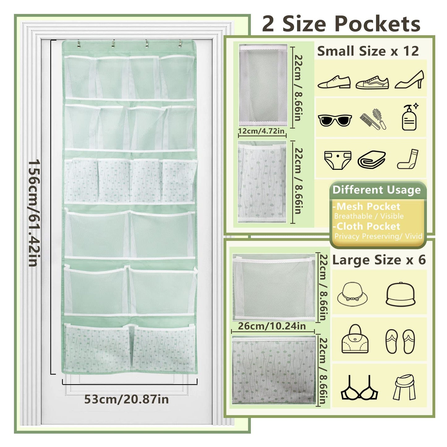 18 Pockets Over Door Storage Organiser,Back of Door Hanging Pocket for Shoes,Sock,Underwear,Hat,Handbag,Cleaning Supply,Toiletry,Behind Door Storage
