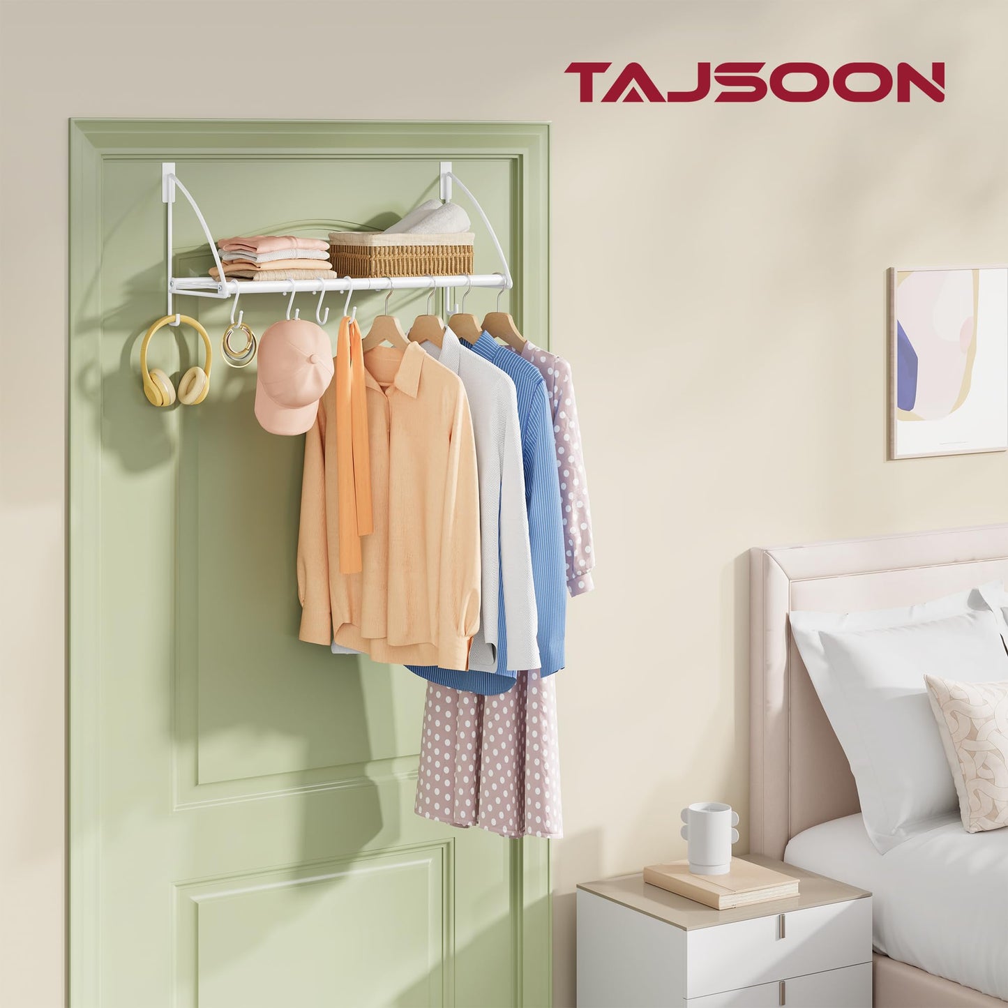 Tajsoon 24.2" Over the Door Clothes Hanger with Storage Rack and Hook White