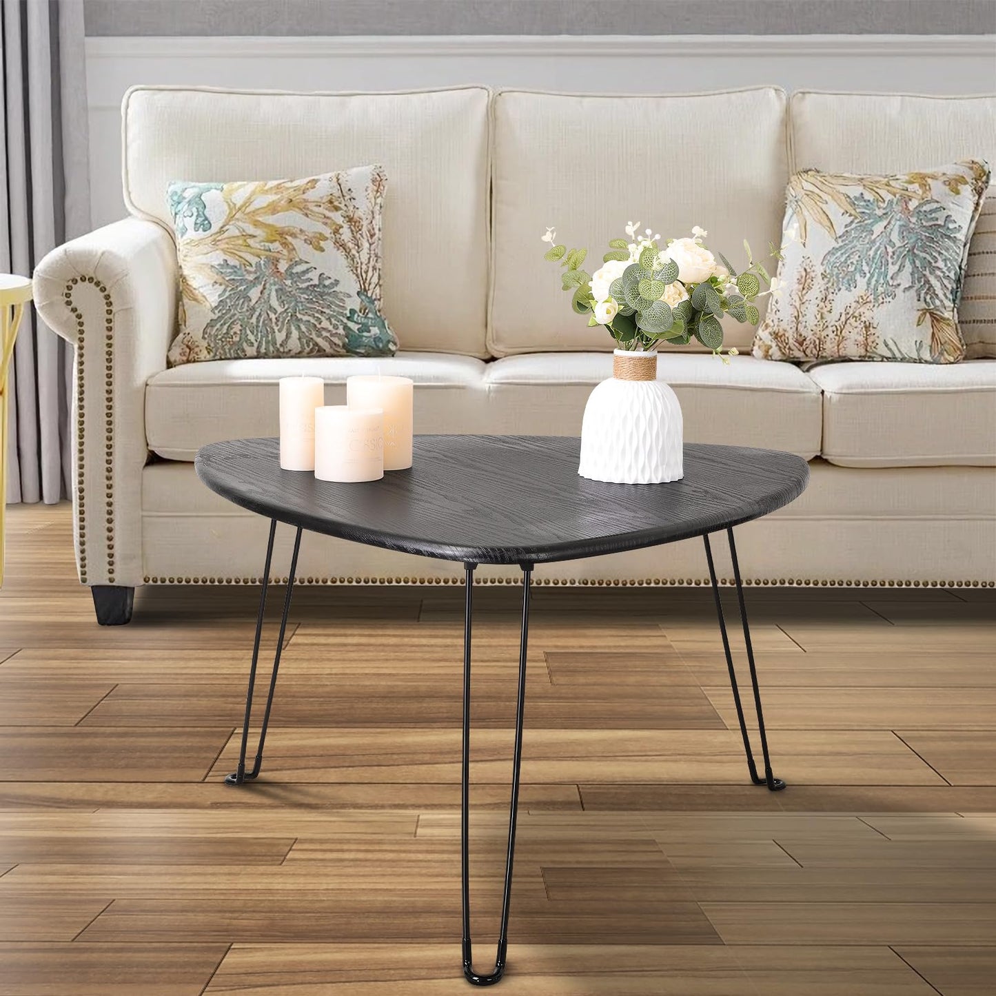 FEUFOAM Black Folding Coffee Table Small Oval Coffee Tables Wooden Triangle Floor Desk for Sitting on the Floor Mid Century Modern Center Sofa Table