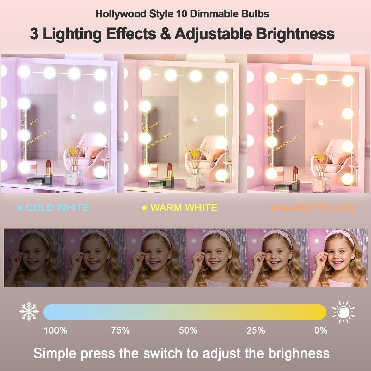 ANCOLOV Dressing Table with Mirror and Stool, 10 LED Light Bulbs Vanity Desk with Storage Shelves & 3 Drawers