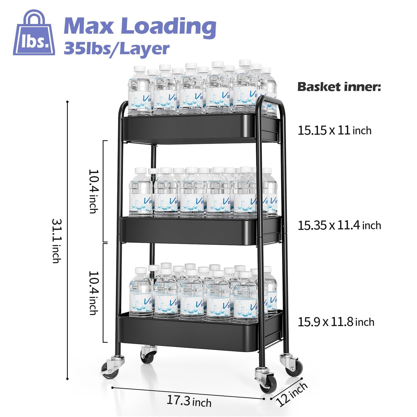 KINGRACK 3 Tier Metal Storage Trolley on Wheels