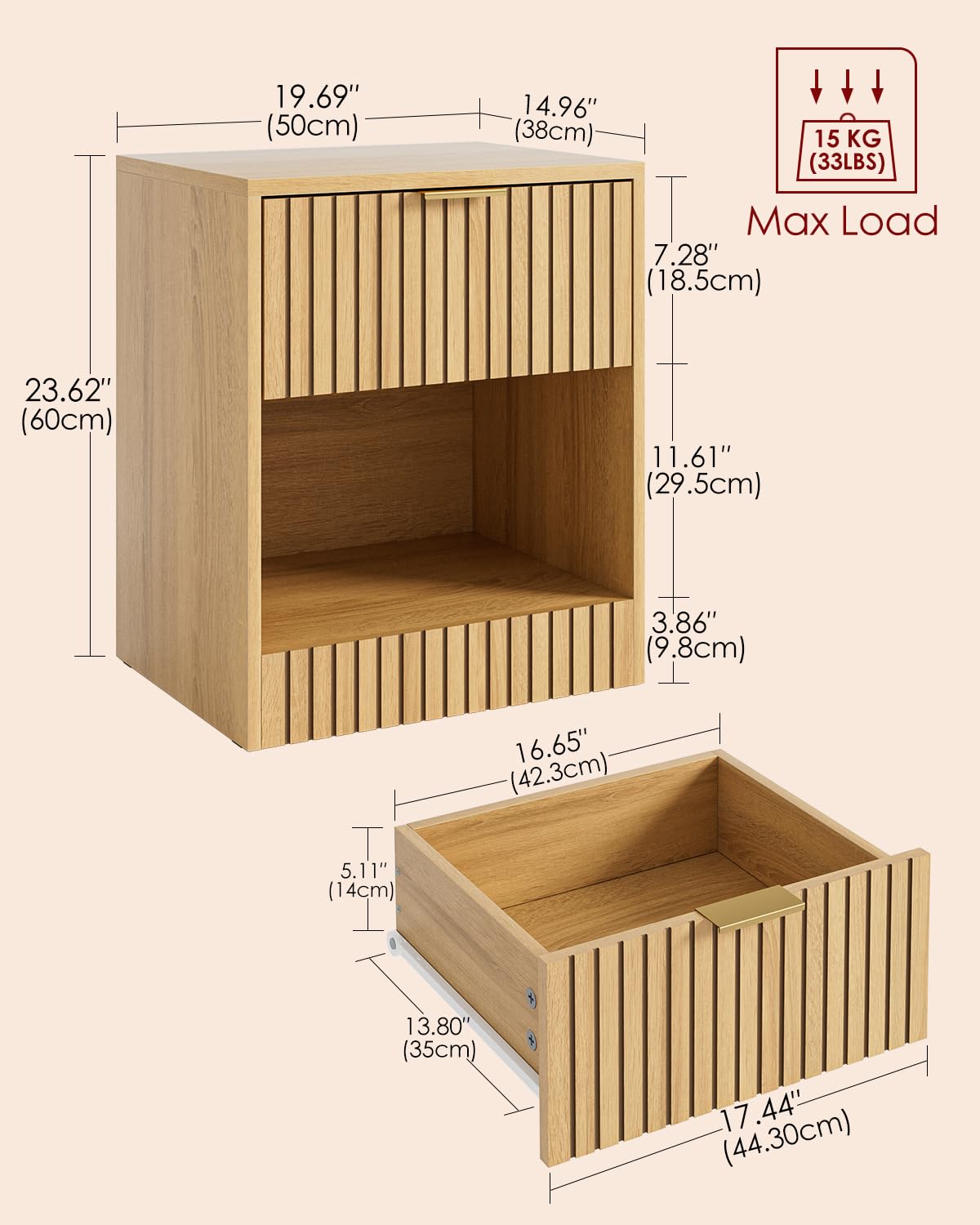 Apetaccat Bedside Table,50x38x60cm, Farmhouse Wooden Bedside Cabinet with Drawer,Kids Bedside Table Nightstand for Bedroom,Living Room,Office,Oak