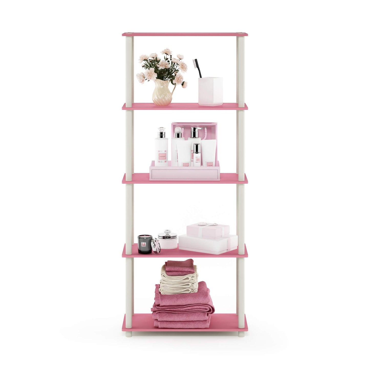 Furinno TURN-N-TUBE Toolless Assembly 5-Tier Storage Shelves, Pink Book Shelf, Open Storage Bookshelf, for Organization and Storage, Living Room