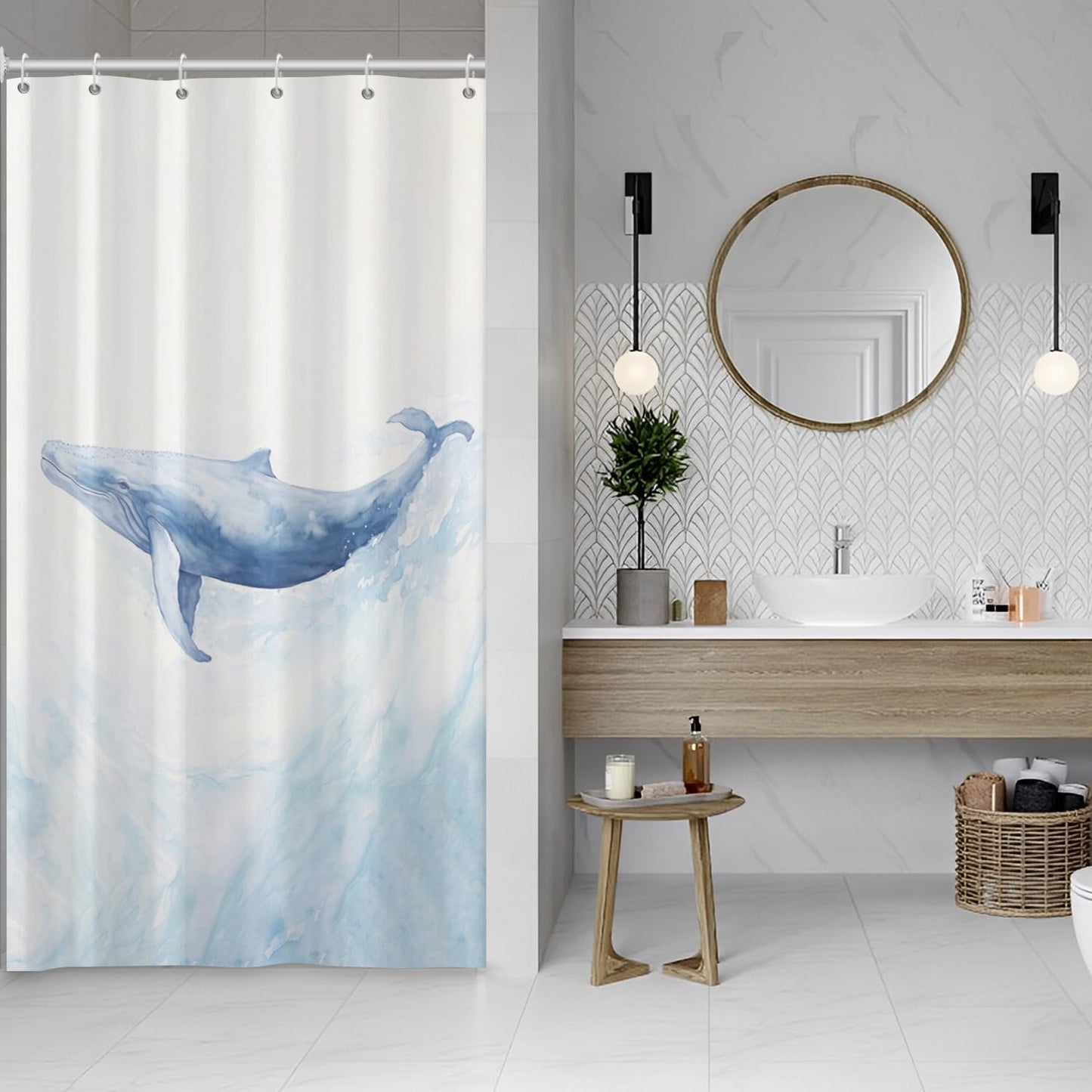 ASDCXZ Whale Shower Curtain 120x180 cm, Modern Art Watercolor Blue Whale Ocean Animal White Bath Washable Narrow Shower Curtains Polyester Textile