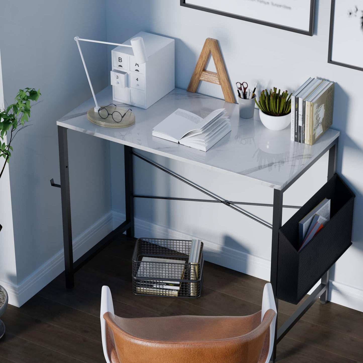 PAMRAY 80x40cm Computer Desk for Small Spaces with Storage Bag, Home Office Work Desk with Headphone Hook, Small Office Study Writing Table, Marble