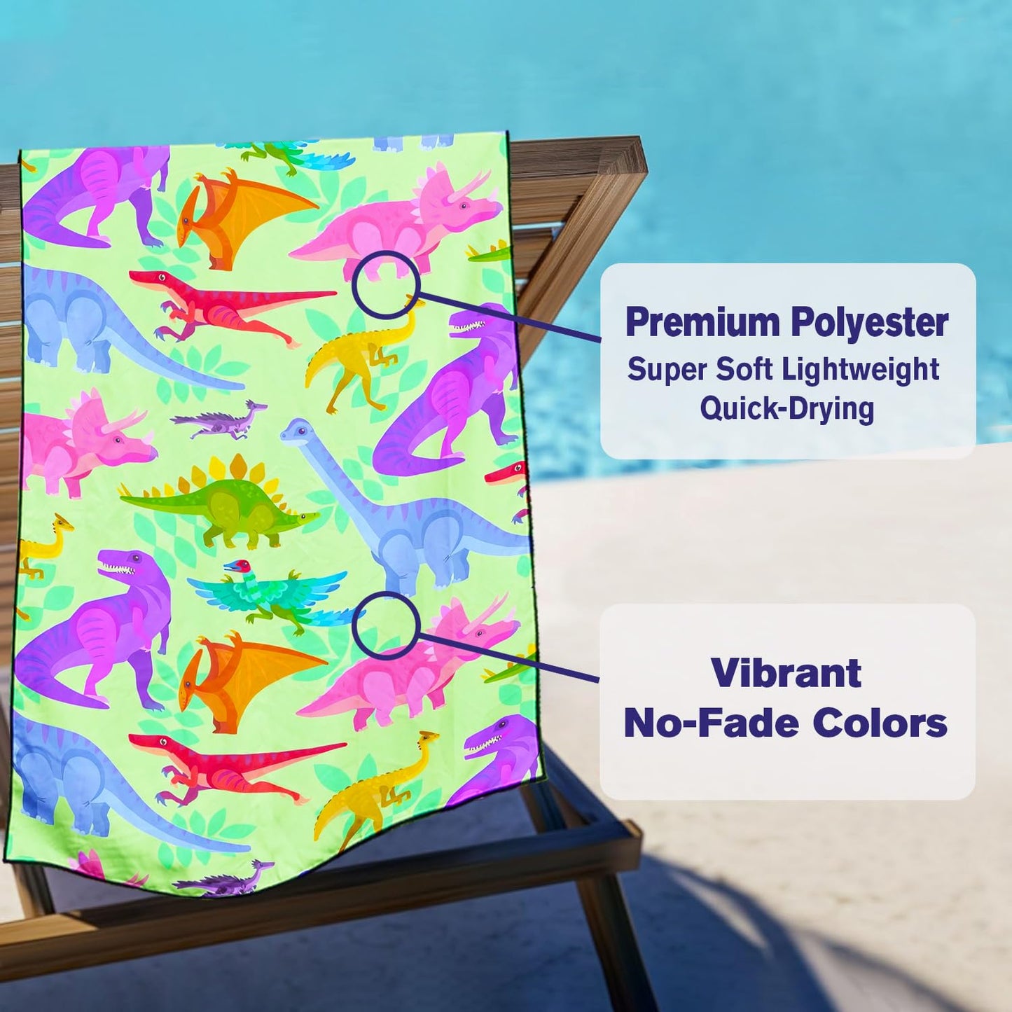 Violetpos Colorful Dinosaur Print Beach Towel, Extra Large 180x90 cm 250GSM Microfibre, Sand Free Quick Dry