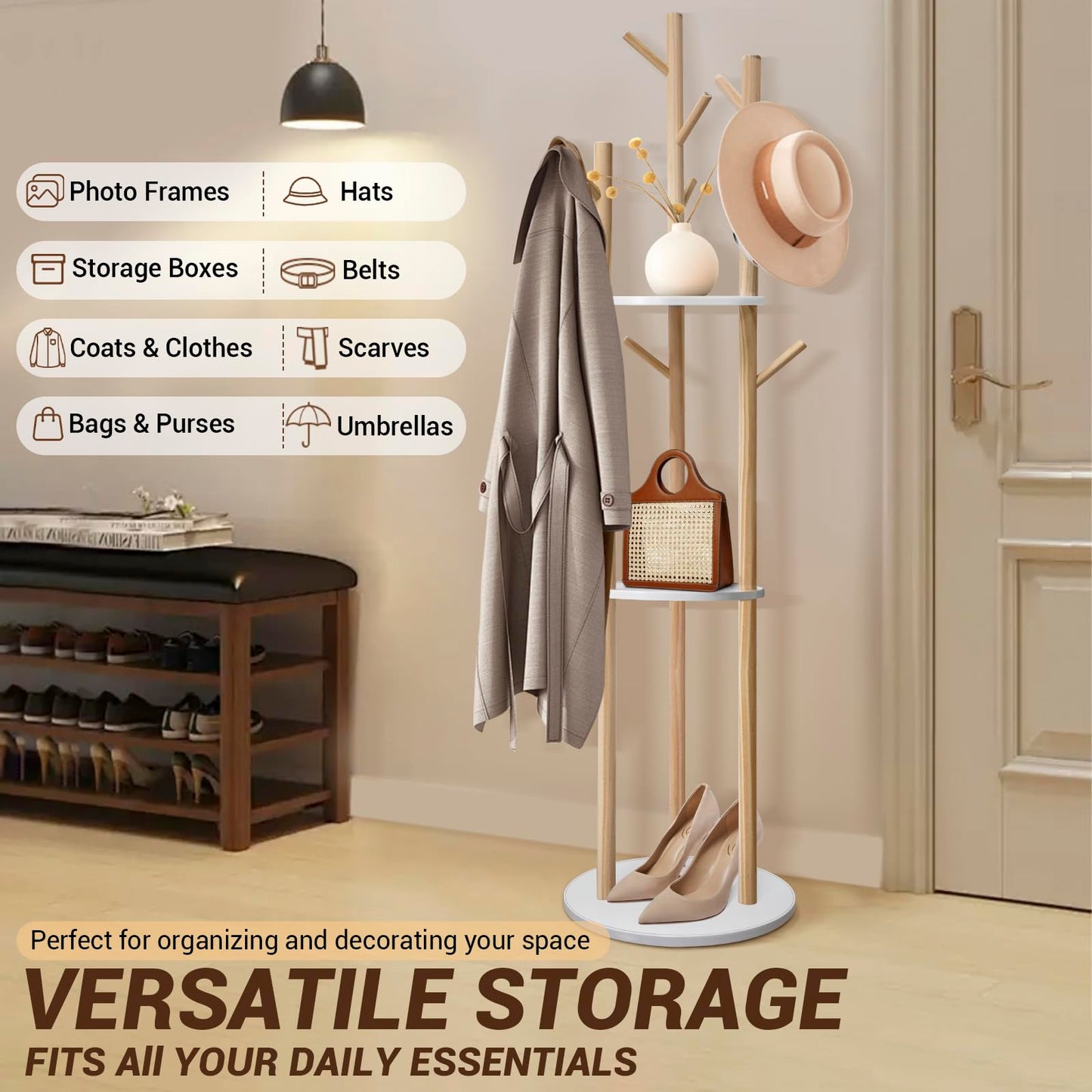 SUNDOY 165CM Wooden Coat Rack Freestanding with 3 Shelves & 9 Hooks, Hall Tree Stand for Entryway, Bedroom, Hallway & Living Room