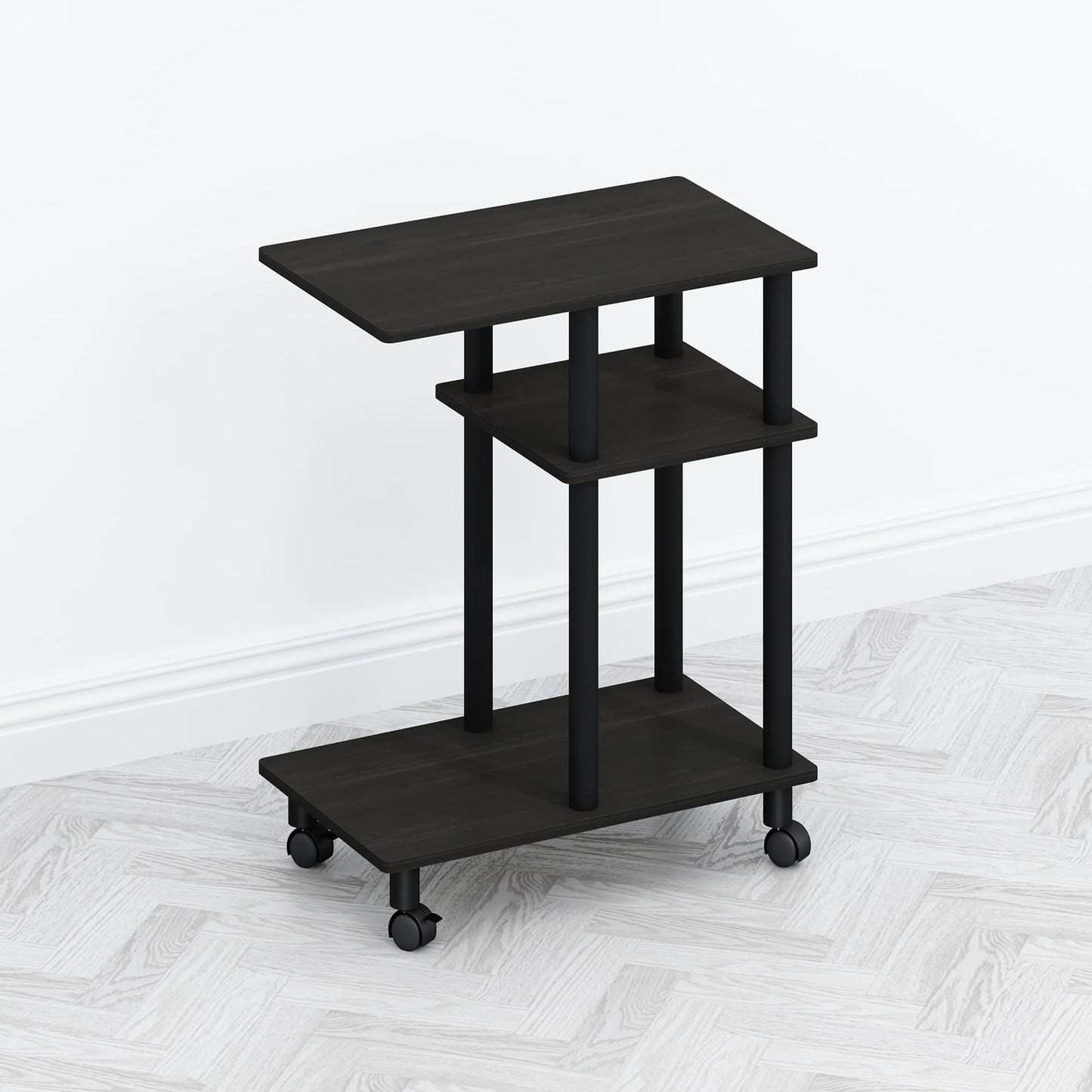 Furinno TOMI Side Table, 3-Tier C-Shape Open Shelf End Table with Wheels, Night Stand, Bedside Table, Toolless Assembly, for Living Room, Bedroom