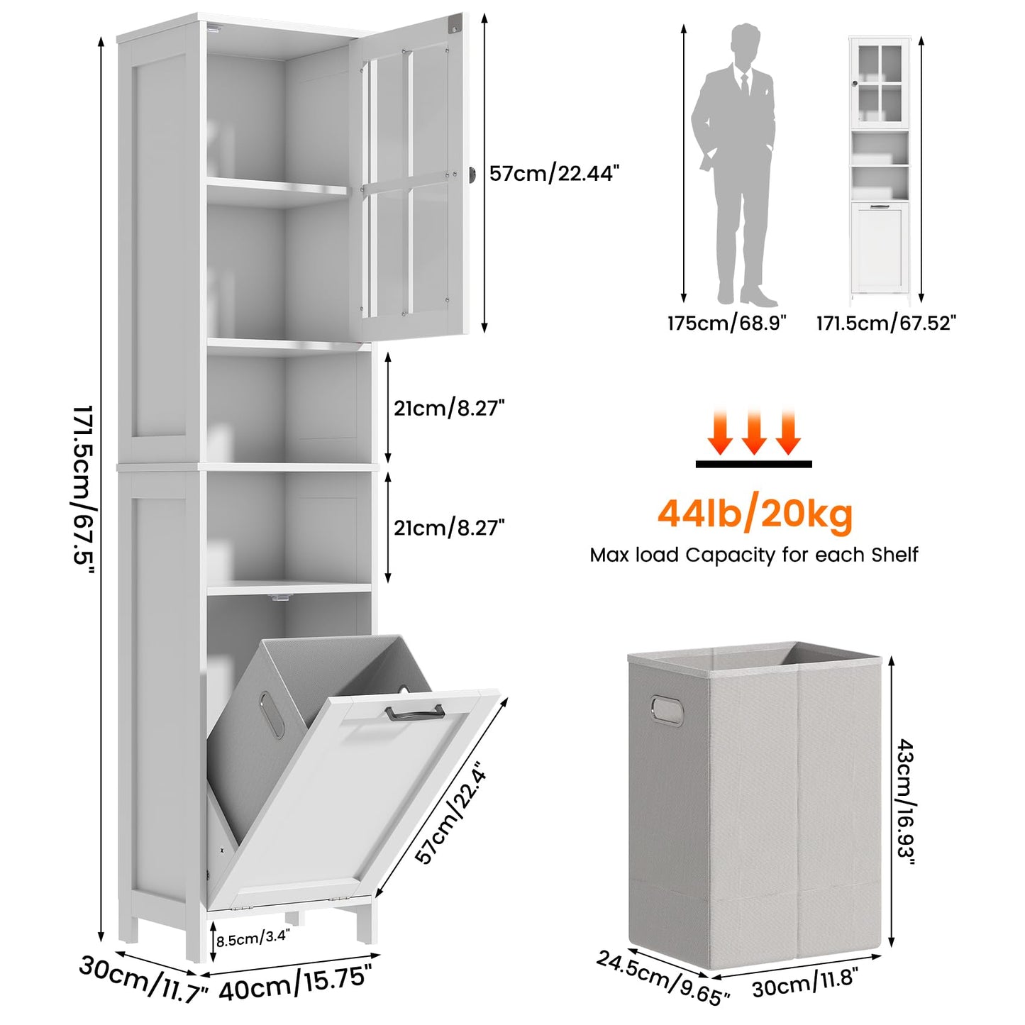 Feonase Tall Bathroom Cabinet with Removable Laundry Basket, Slim Freestanding Storage Organizer with Acrylic Door and 4 Shelves for Bathroom