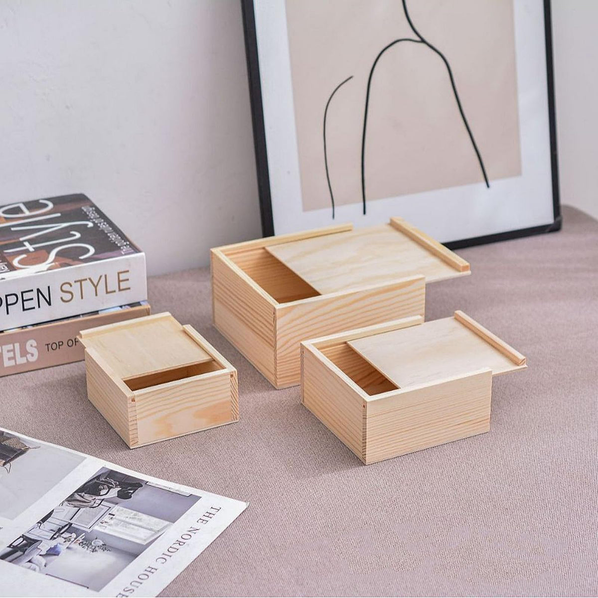Anktily 2 Pack Unfinished Wood Storage Box with Slide Lid, Blank Natural Wood Box Case Container for Jewellery, DIY Arts & Crafts Hobbies 15x15x8cm