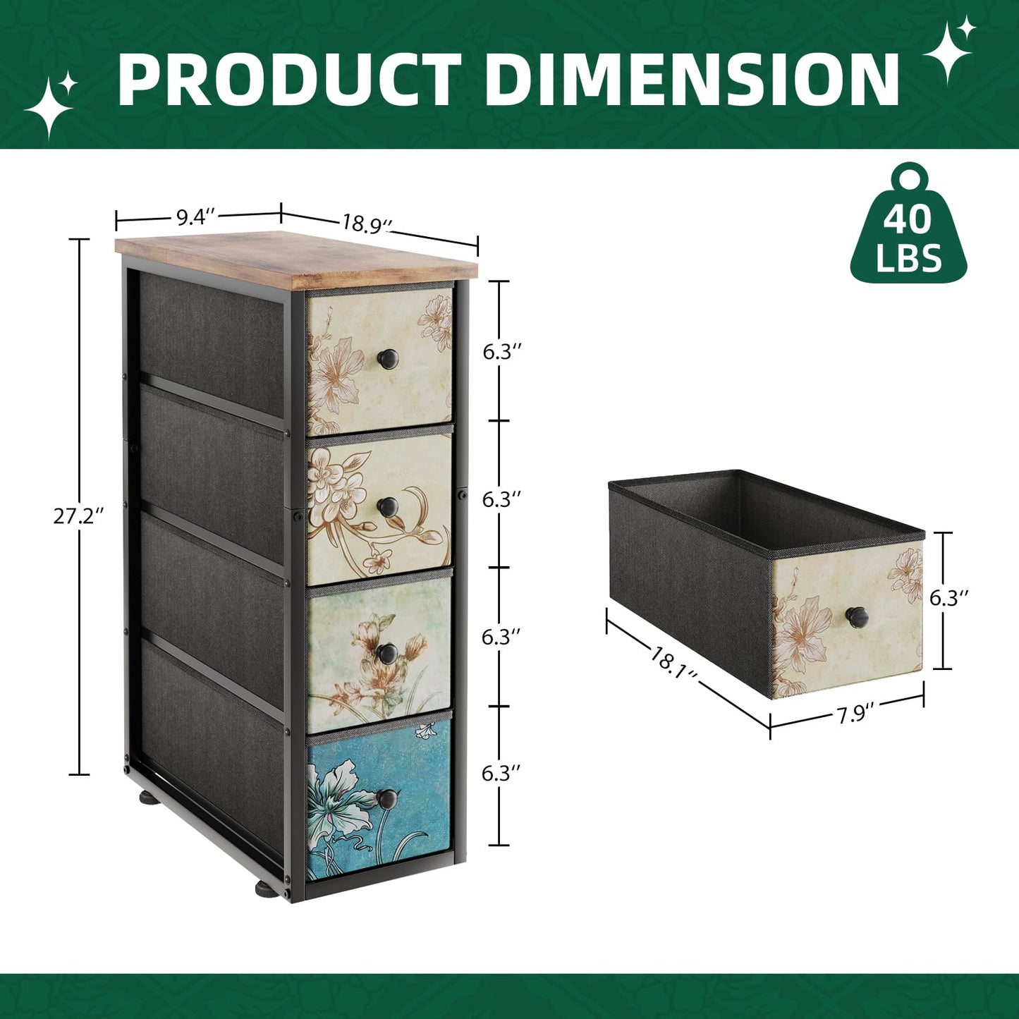 COTUBLR Chest of Drawers with 4 Drawers Tall Dresser for Bedroom Retro Floral Pattern Clothes Storage Organiser Unit for Living Room Entryway Closet