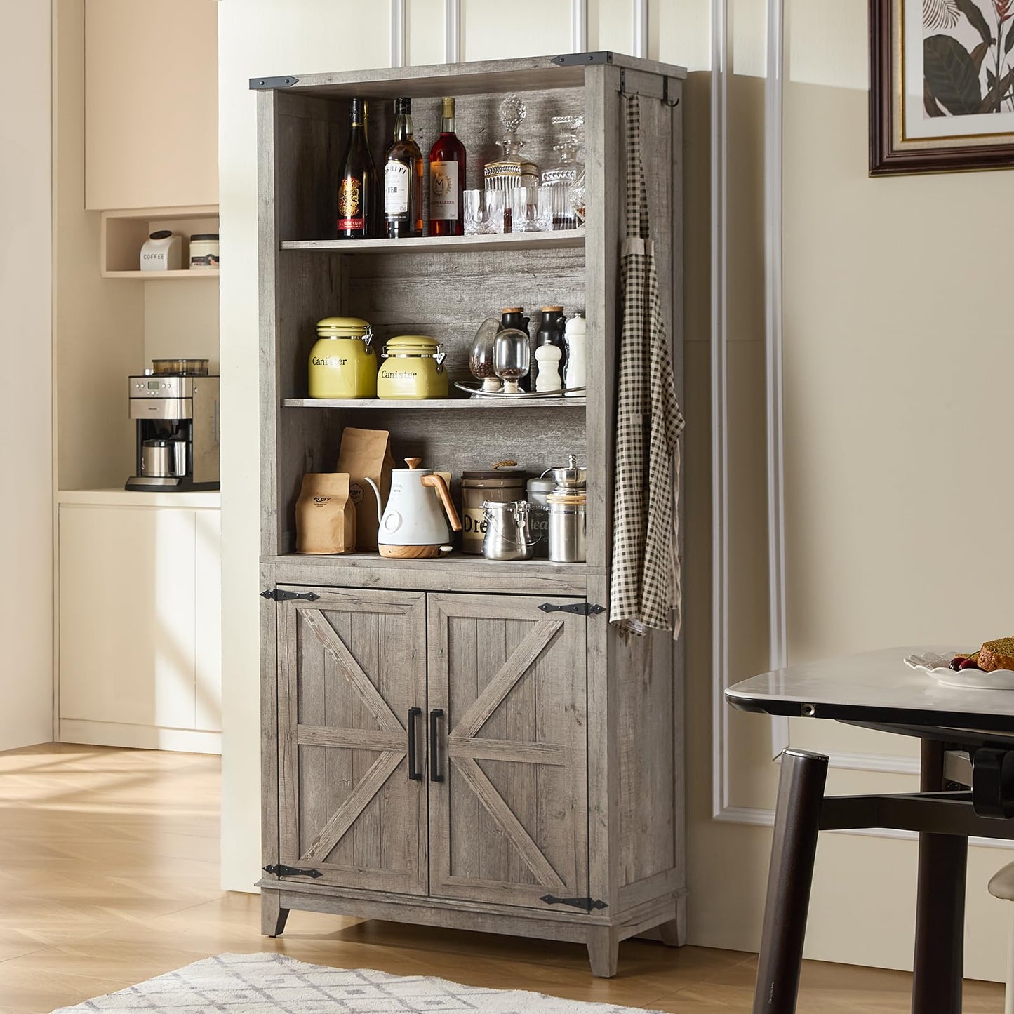 LELELINKY 70in Tall Bookshelf 5 Tier Bookcase with Barn Doors and Adjustable Shelves, Oak Farmhouse Book Shelf with Storage Cabinet