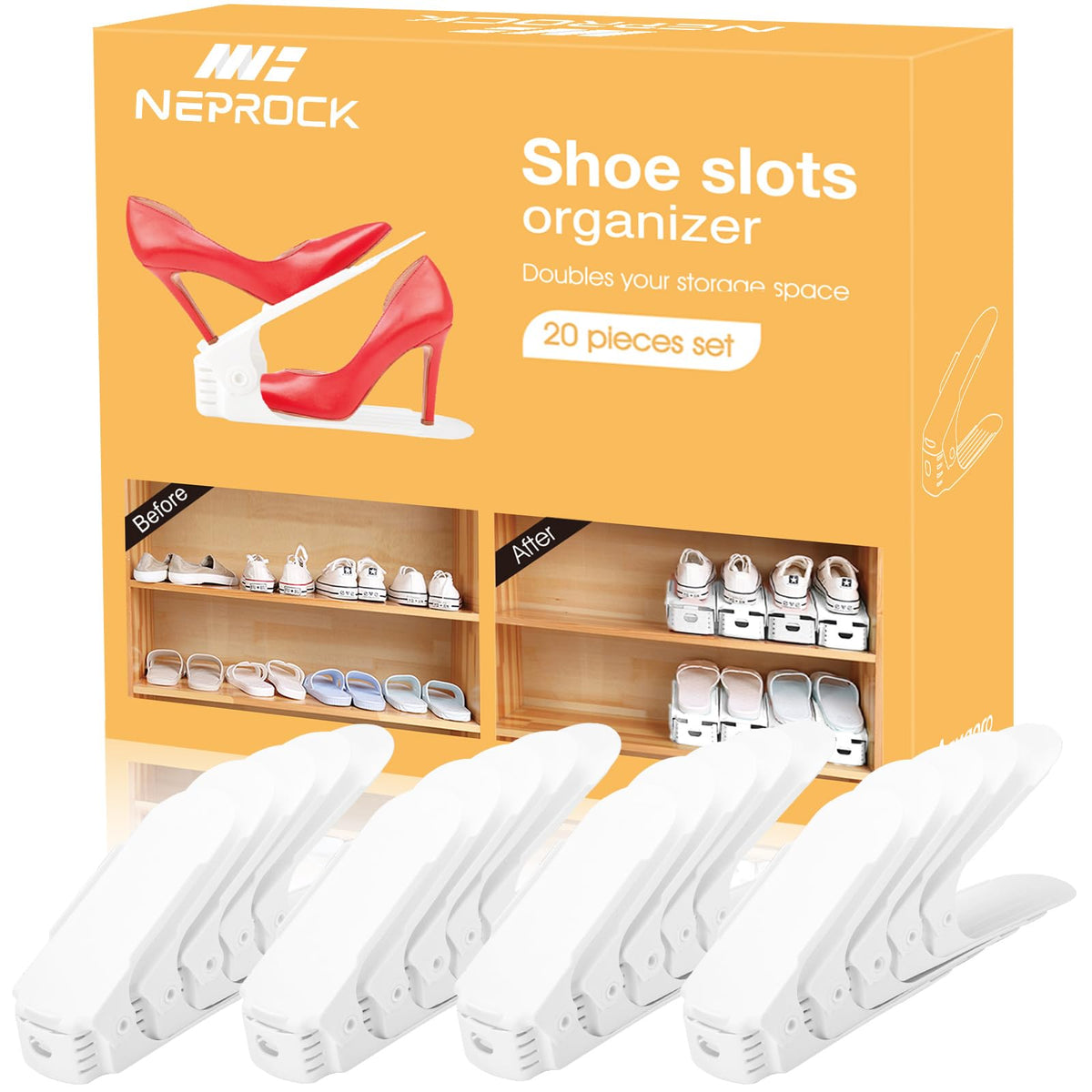 Neprock Shoe Slots Organizer, Adjustable Shoe Rack Stacker Storage Space Saver, Double Deck Shoe Rack Holder for Closet Organization 20-Pack, White
