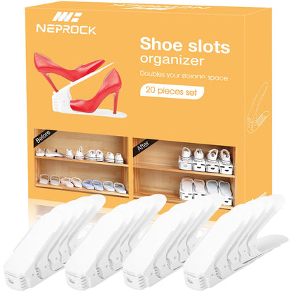 Neprock Shoe Slots Organizer, Adjustable Shoe Rack Stacker Storage Space Saver, Double Deck Shoe Rack Holder for Closet Organization 20-Pack, White