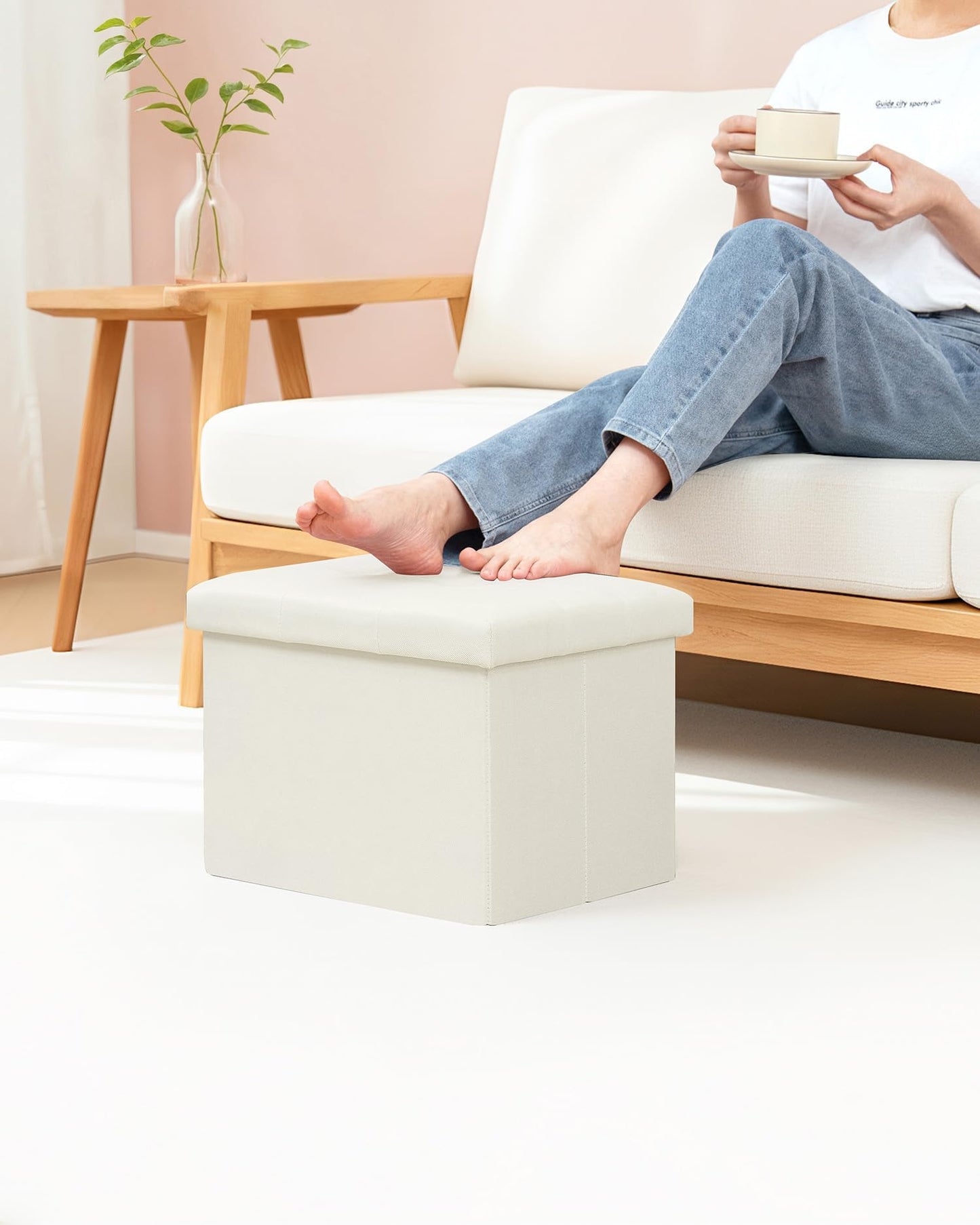 Bonlife Storage Ottoman, Folding Small Foot Rest,Toy Chest Storage Footrest Seat, Footstool for Living Room, Bedroom, Dorm, Fabric,Cream,42x32x32cm