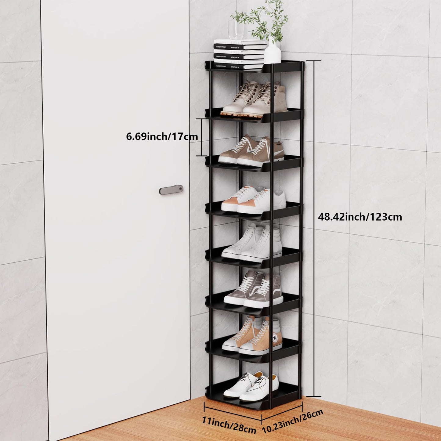 Altdnmaf 8 tier Narrow Shoe Storage Rack, Compact Single Shoerack Stand for Slim Space, Stackable Tall Thin Show Tower, Solid Plastic Shelves