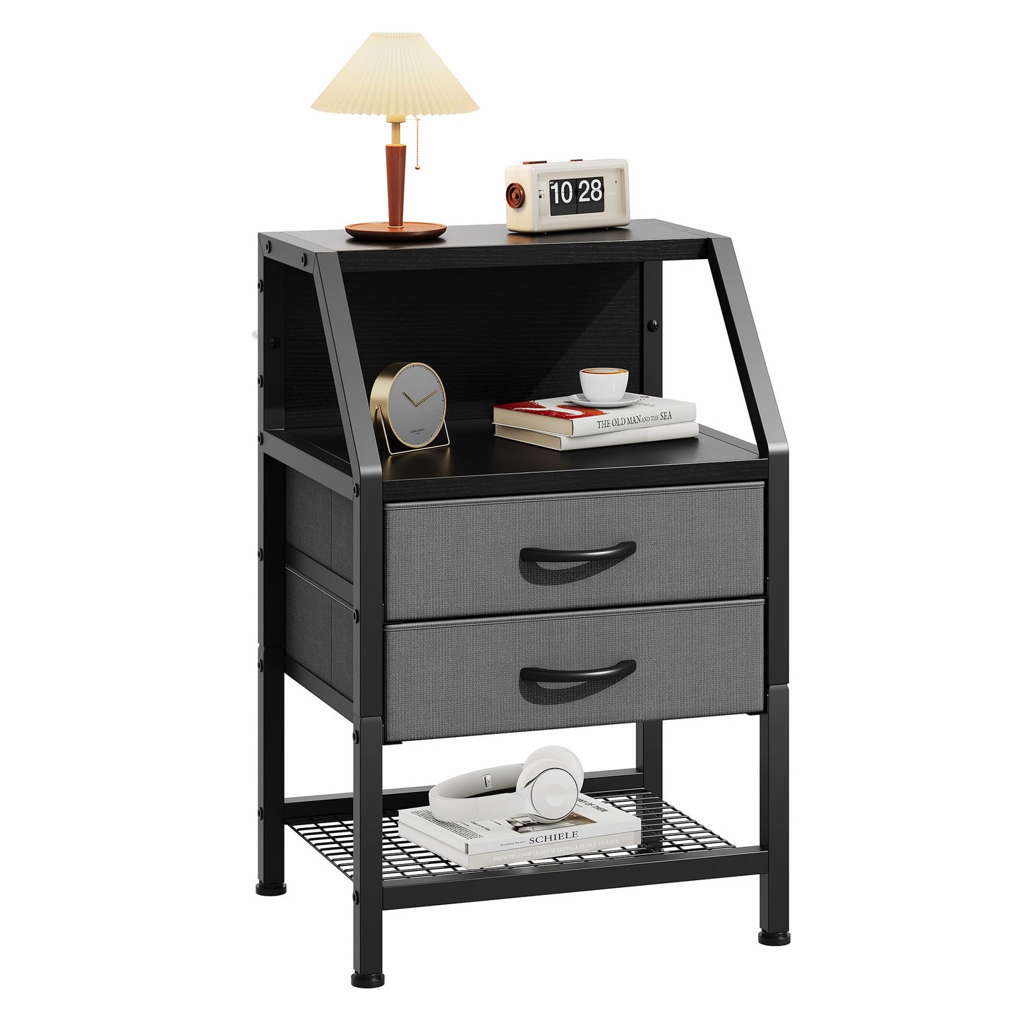 Feonase Bedside Table with 2 Fabric Drawers, Bedside Cabinet With 3-Tier Storage, Sturdy Metal Frame, Living Room Modern, Deep Grey