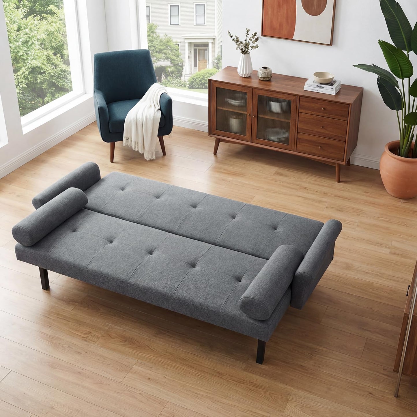 Panana Modern 3 Seater Sofa Bed, Fabric Upholstered Sofa bed with Metal Legs,Futon Recliner Lounge for Living Room, Spare Room, Bedroom