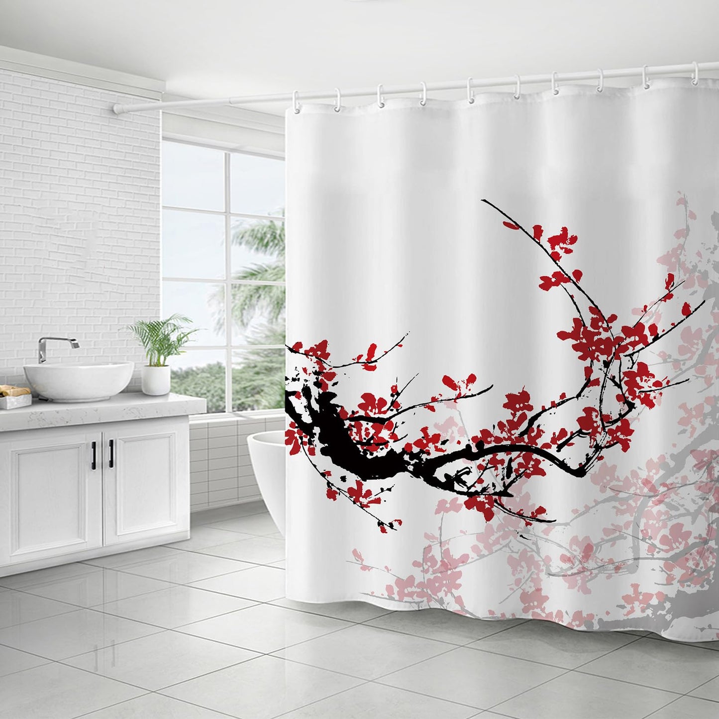FAIRYGATE Wet Room Shower Curtain Mould Proof Resistant Winter Flowers Water Repellant Fabric Polyester with 12 Plastic Hooks Size 180x180CM Bathroom