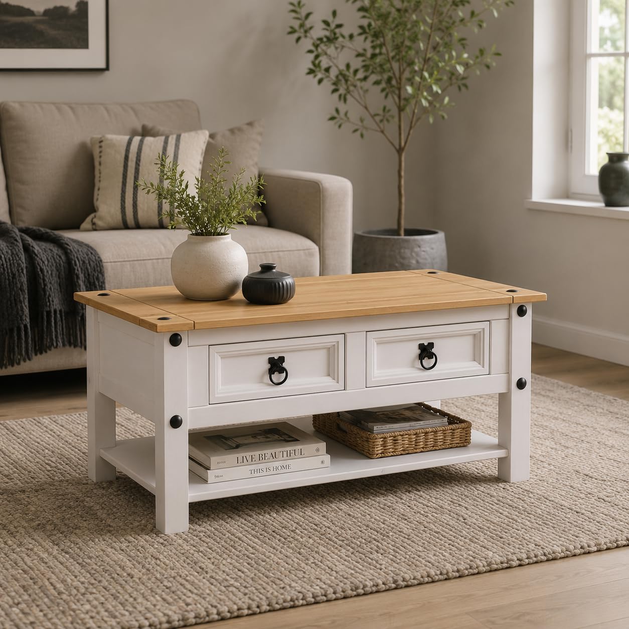 Corona White 2 Drawer Coffee Table Occasional Mexican Solid Pine Wood