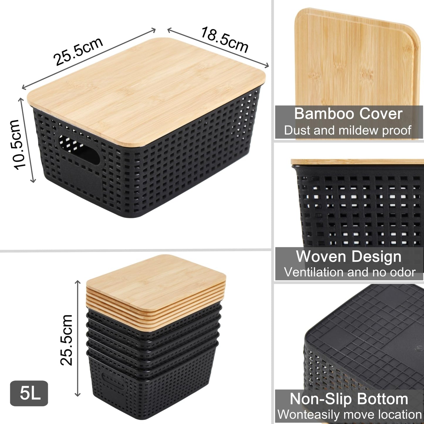 Sagittar Set of 6 Storage Boxes with Bamboo Lid, Imitation Rattan Plastic Storage Basket, Stackable Storage Bins, Ideal for Kitchen, Bathroom, Office