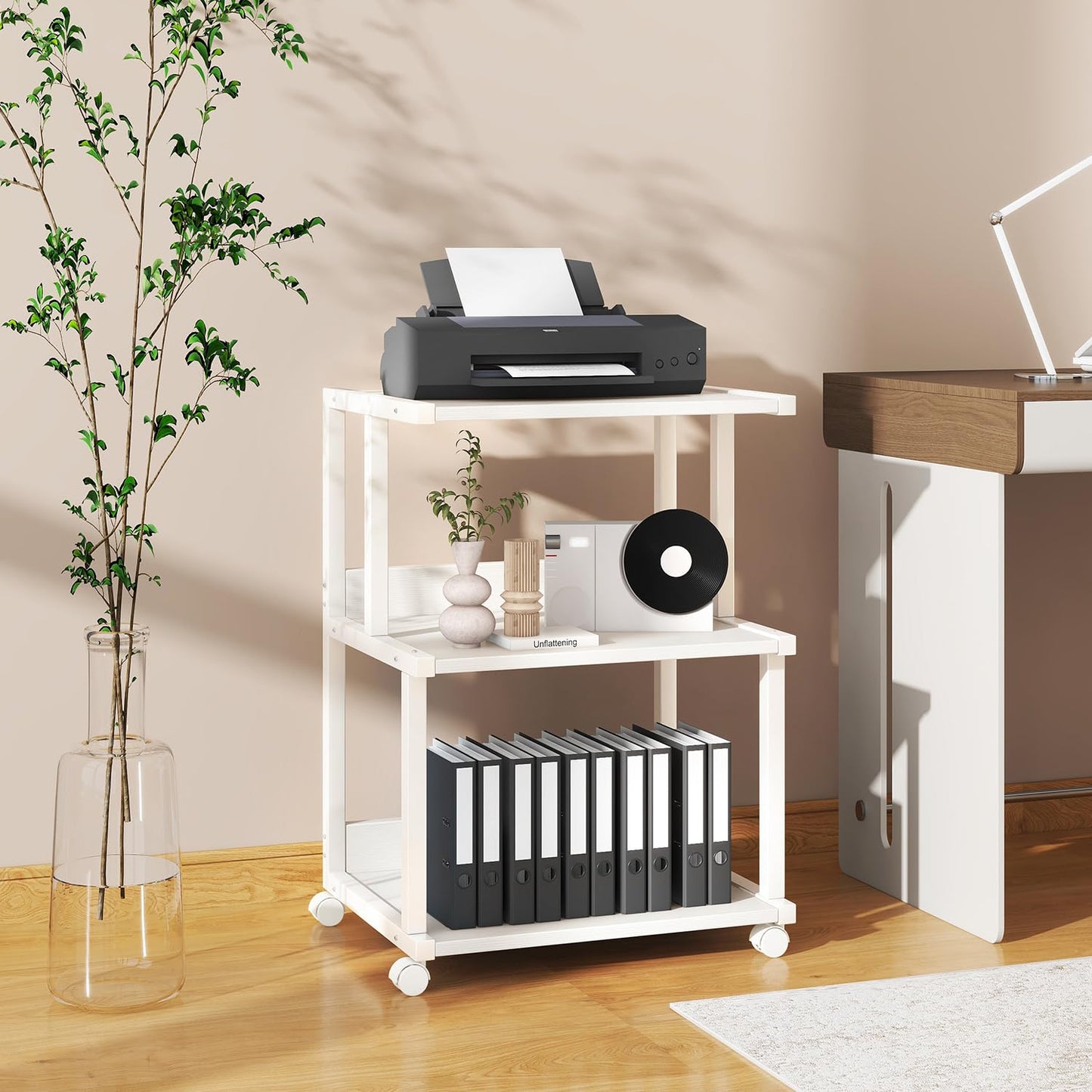 IBUYKE 3-Tier Printer Stand With Storage Shelf and Wheels - Rolling Cart for Home Office Organization, Heat Press, Microwave and Mini Fridge TPS001W