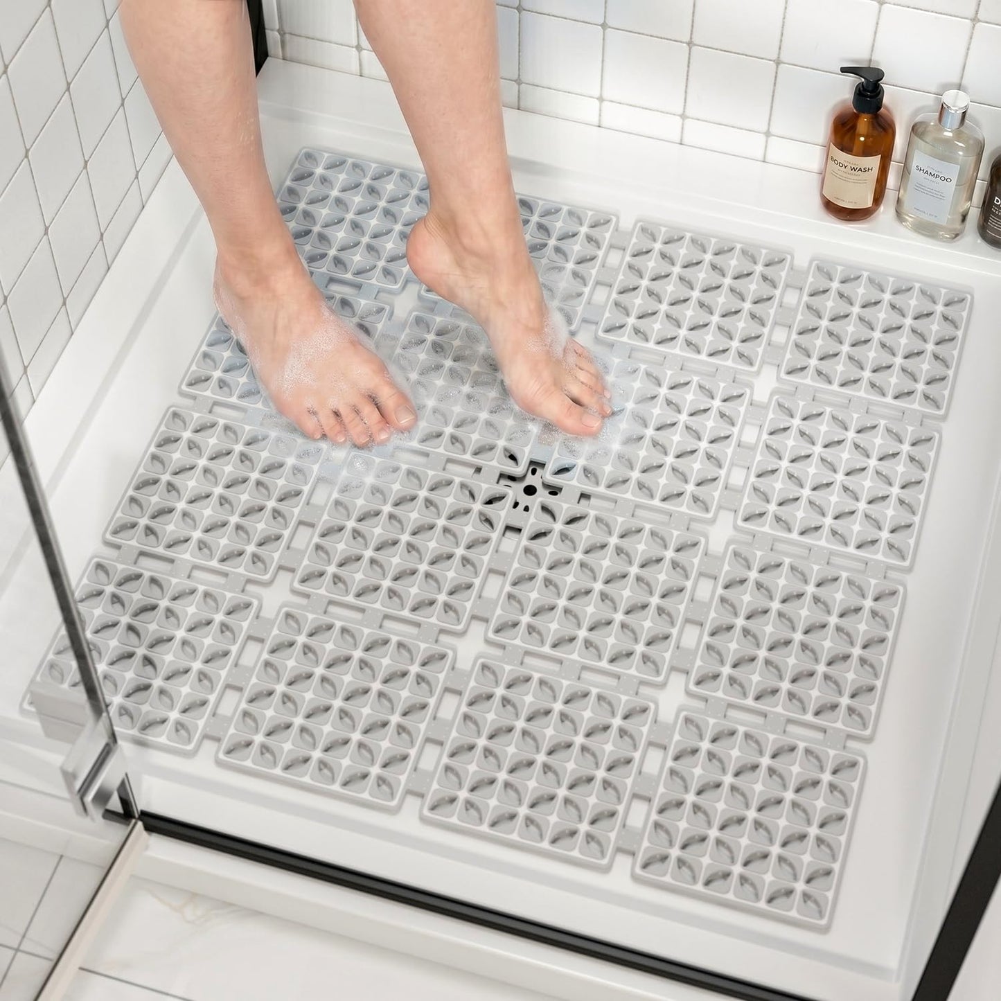 HITSLAM Square Shower Mat Non Slip Anti Mould, 60 x 60 cm Cut to Fit No Odor Soft TPE Bath Mat with Suction Cups and Drain Holes