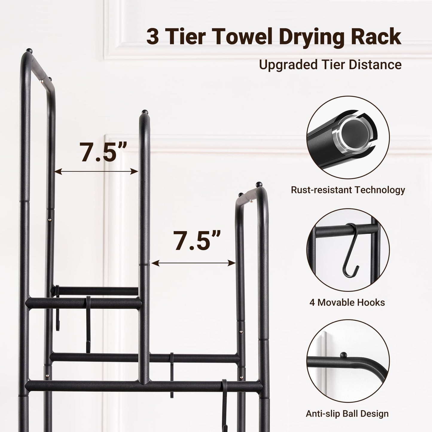 3-Tier Freestanding Towel Rack, Fixed-Height Bars Highest 101CM