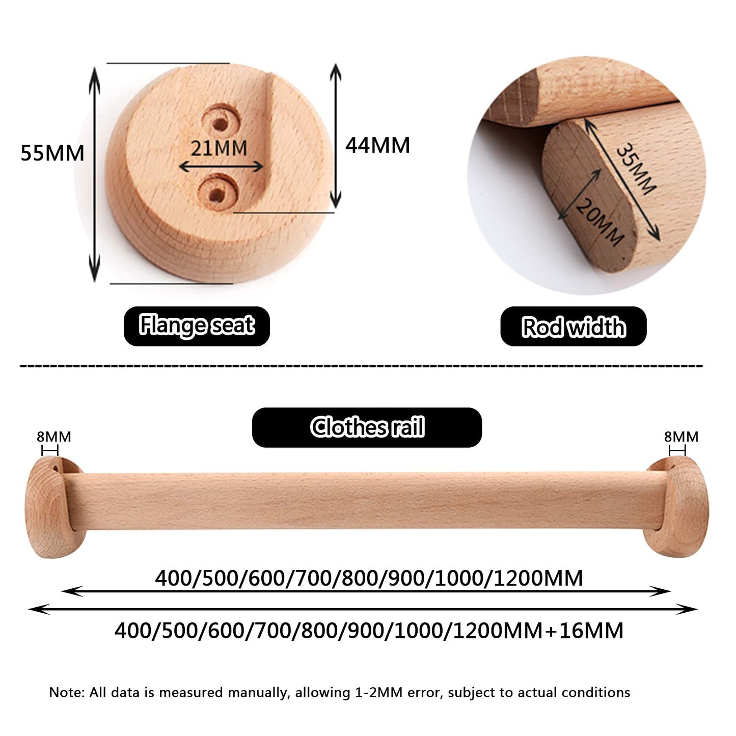 Wardrobe Rod, Natural Beech Wood Heavy Duty Closet Rod with 2 Bracket Support And Screws, Easy To Install