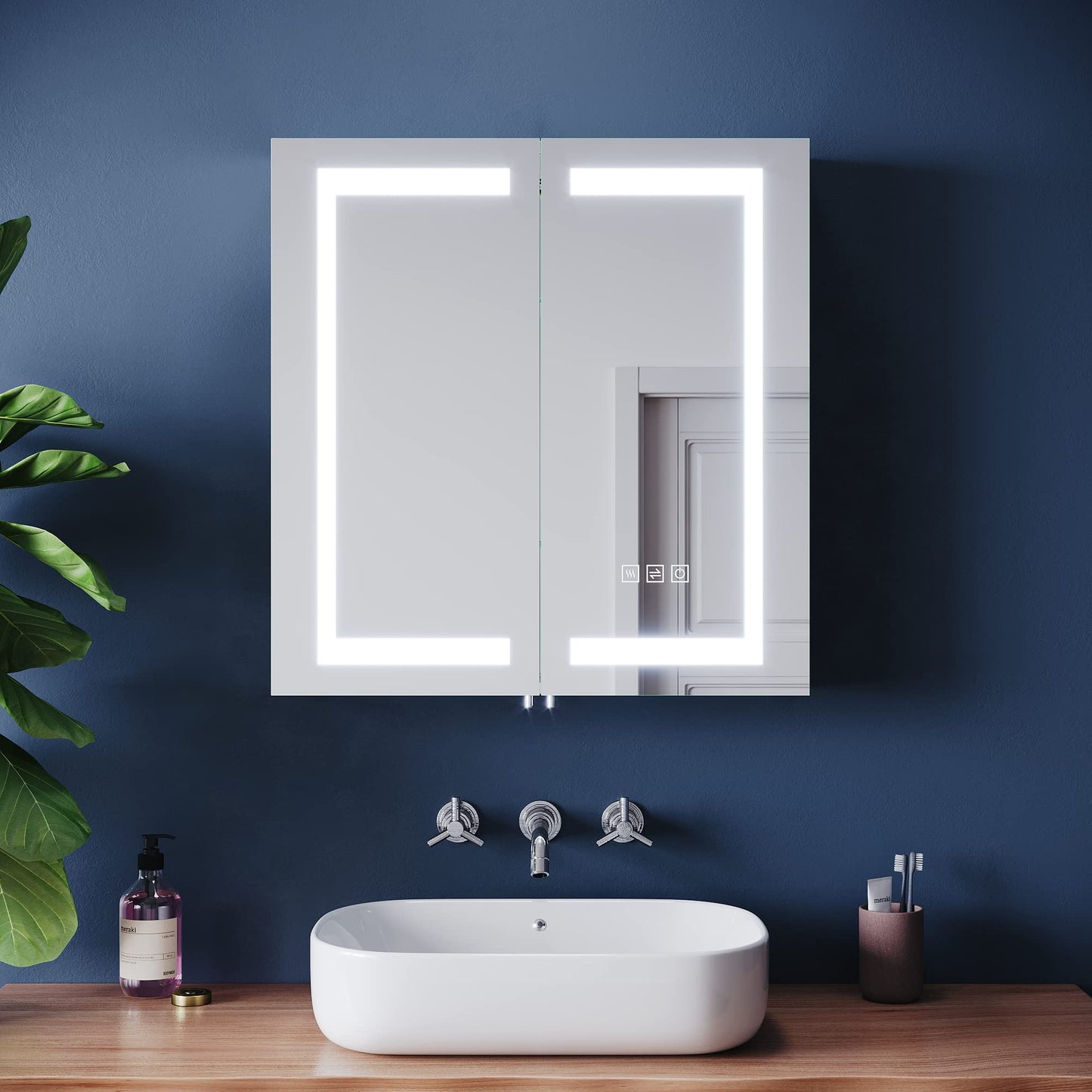 ELEGANT Bathroom Mirror Cabinets with Lights and Shaver Socket, Double Door Stainless Steel Bathroom Wall Cabinets with Three-color Infinitely