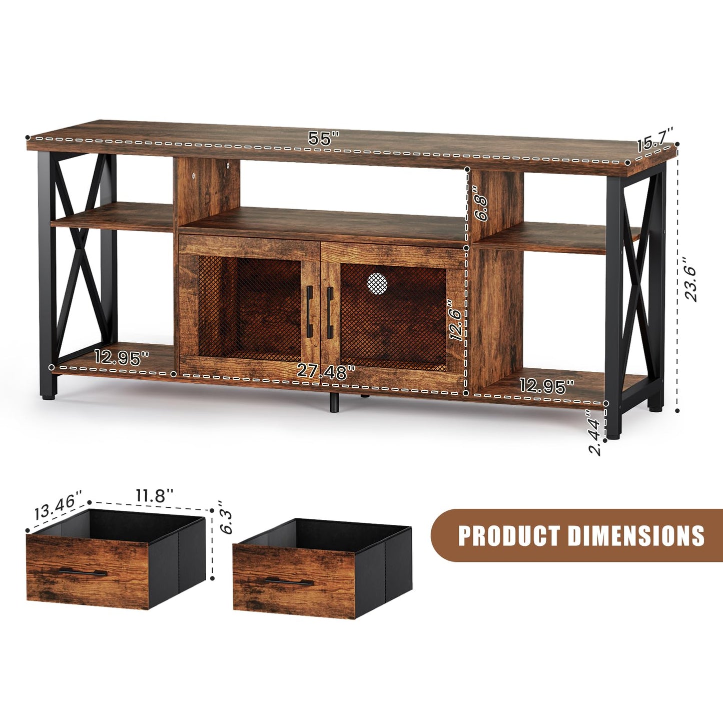 Generisch TV Stand Cabinet, 140cm Wooden TV Unit with 2 Drawers & Storage Cabinets, Steel Frame, Industrial TV Sideboard Table
