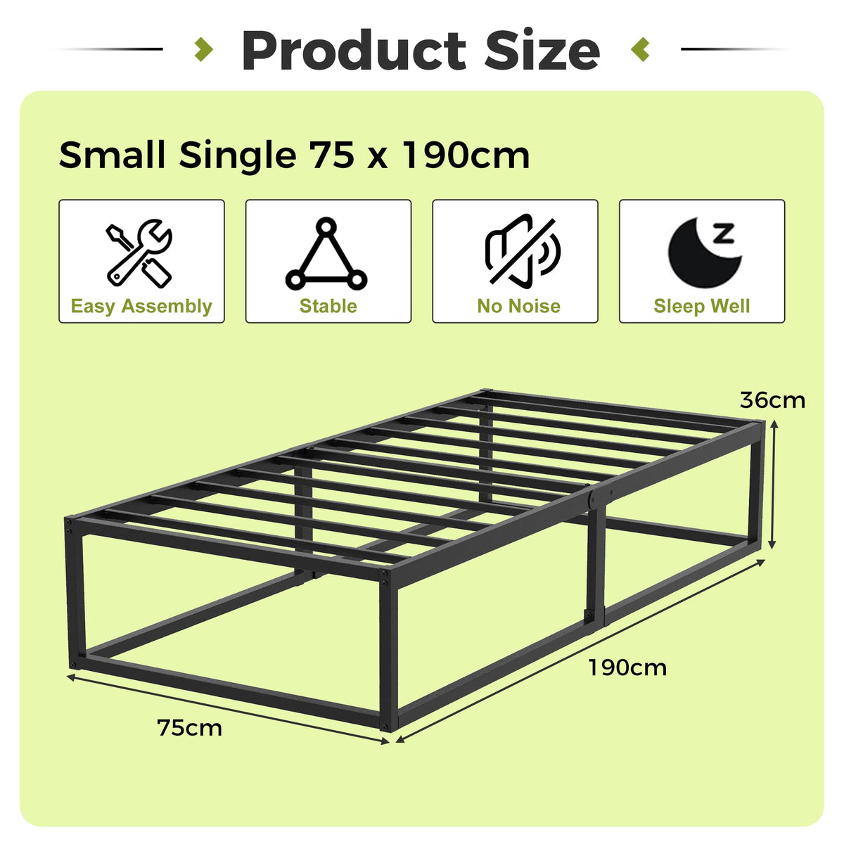 EMODA Small Single Bed Frame 36cm High with Steel Slats Support, Black