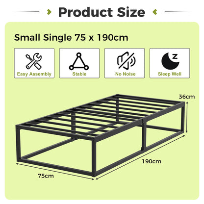 EMODA Small Single Bed Frame 36cm High with Steel Slats Support, Black