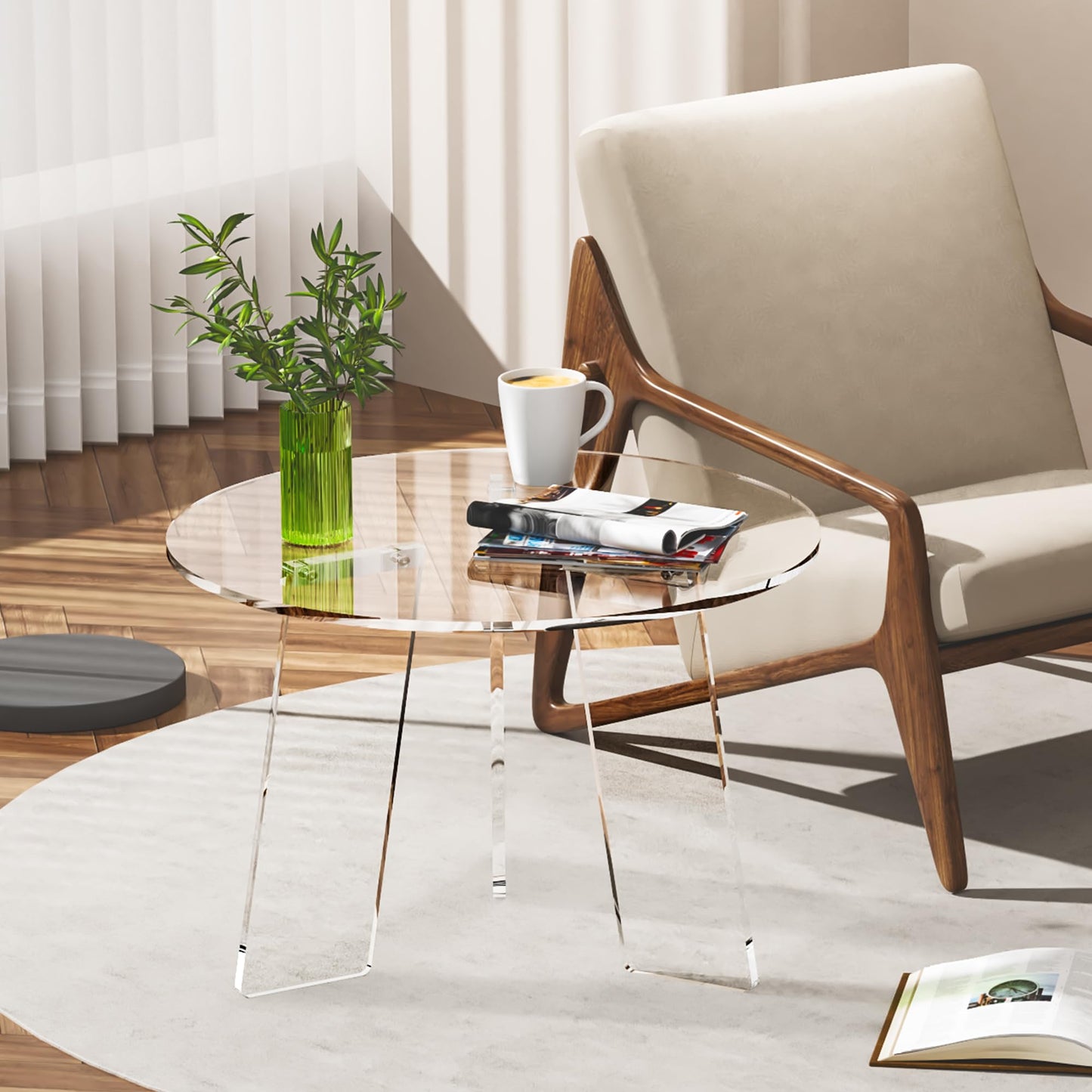Dewrhiixe Acrylic Round Coffee Table, Clear Circle Modern Lucite Side Table for Living Room, Bedroom, Office (Clear, 60×60×40 cm)