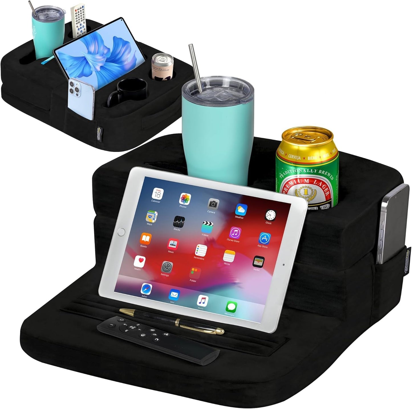 TabCouchCaddy - Cup Holder Tray and Tablet Stand – Bed, Sofa, RV, and Car – Can Hold Drinks, Snacks, Remote Controls, Phones, Tablets, iPad