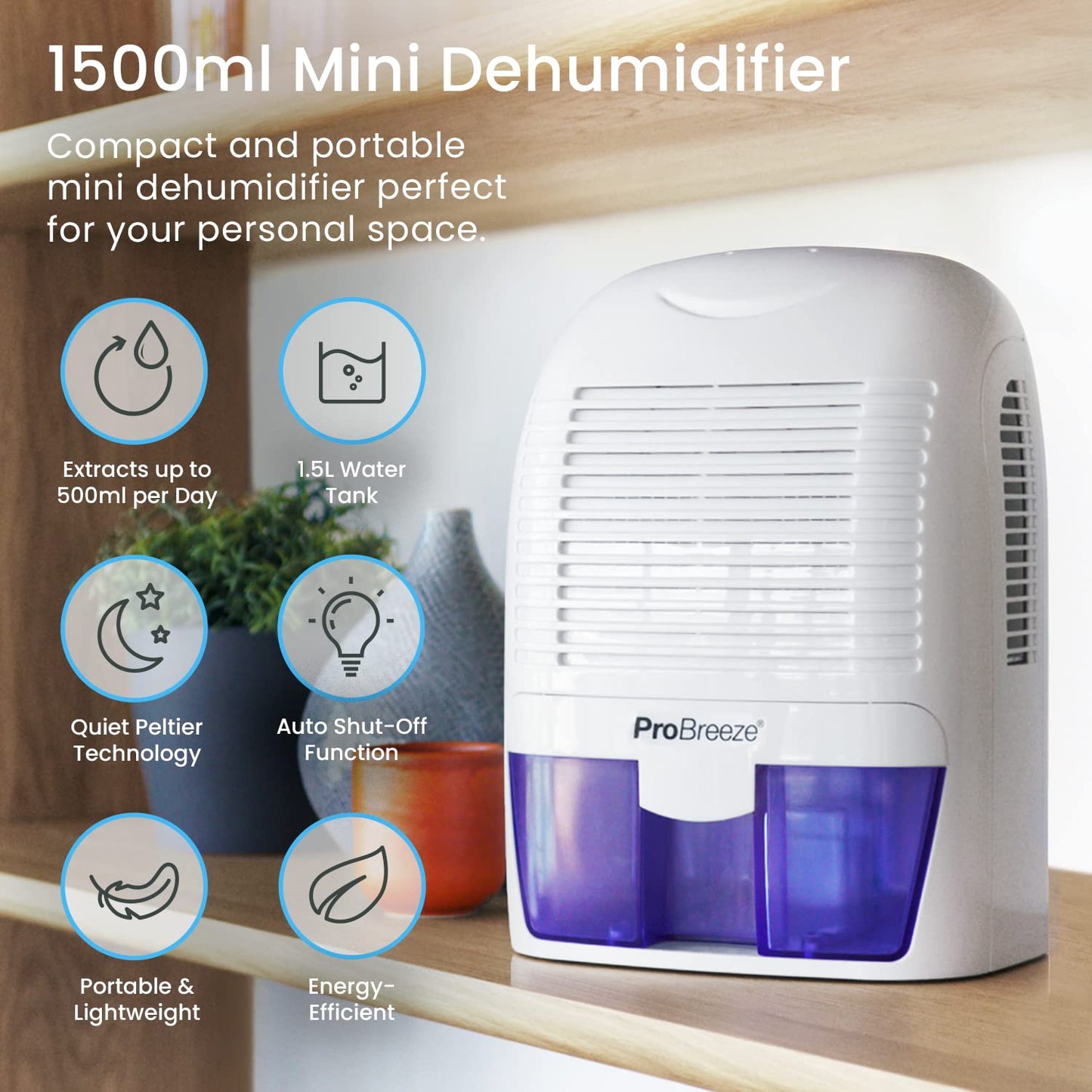 Pro Breeze Dehumidifier 1500ml Portable Air Dehumidifier for Damp, Mould, Moisture in Home, Kitchen, Bedroom, Caravan, Office, Garage, Bathroom,