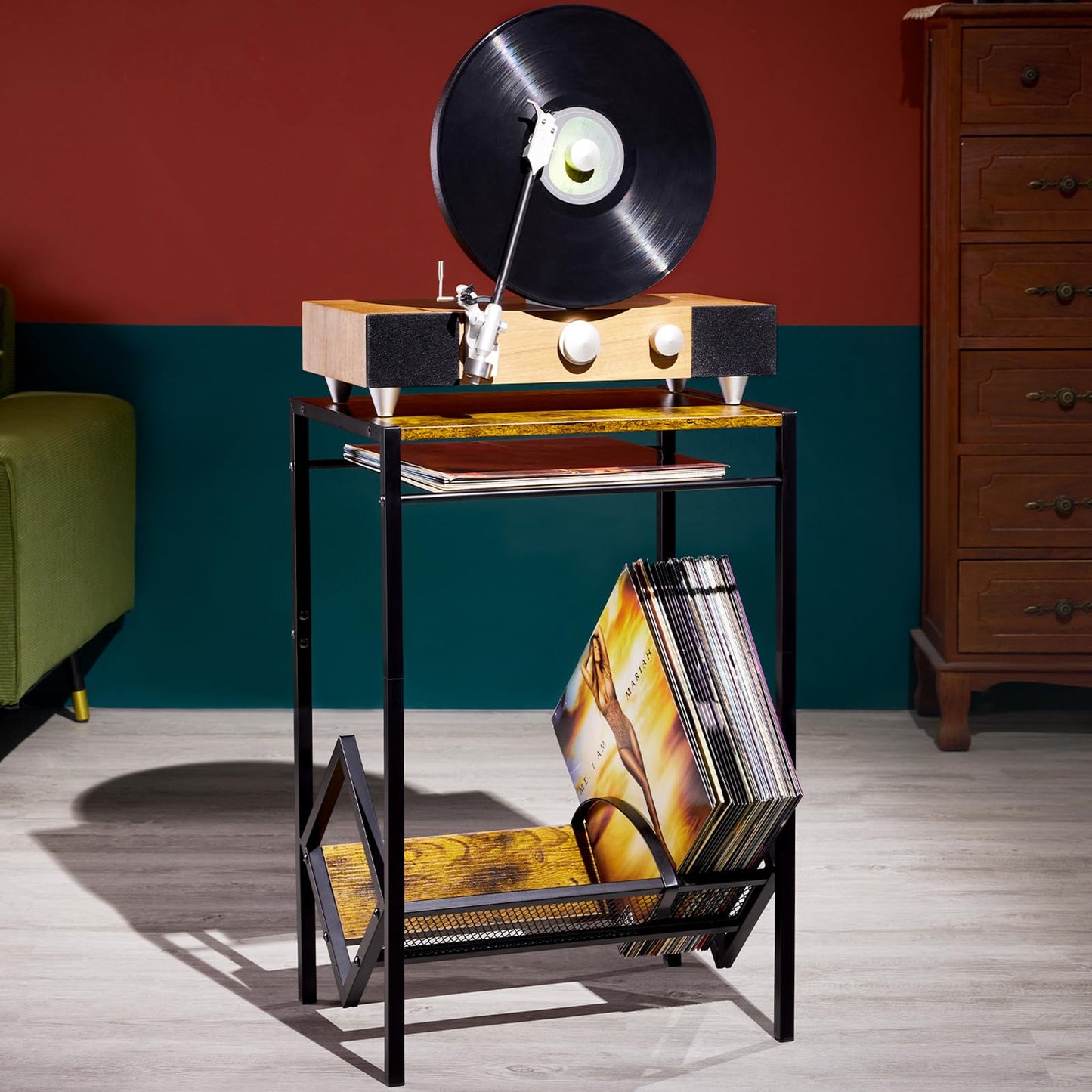 2-Tier Record Player Stand with Vinyl Storage,Retro Turntable Stand for 80