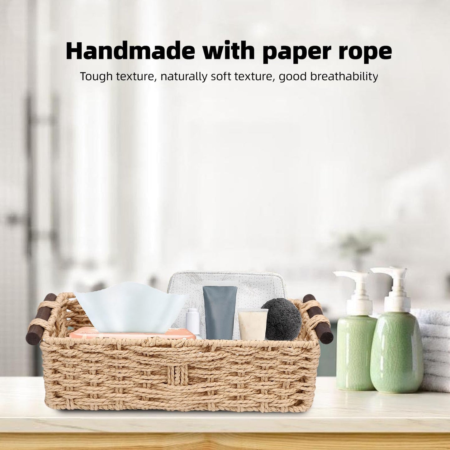 YUEHISY Toilet Paper Basket, Paper Rope Storage Bin with Wooden Handles, Bedroom Shelves and Countertop, Ideal Present for Friends or Family