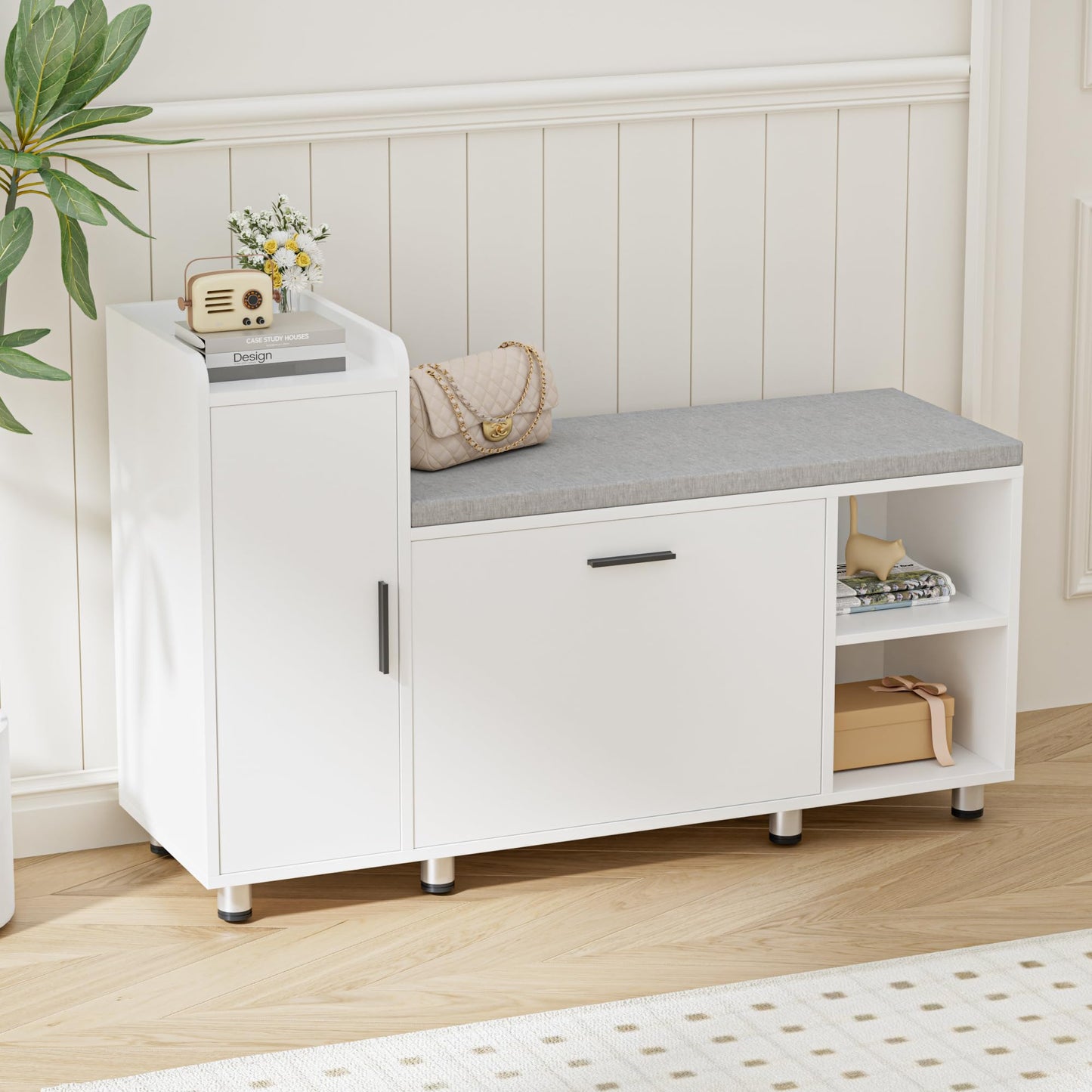 BonVache Shoe Storage Bench with Cushion, White Shoe Bench 105cm Lounge with 2 Shelves and 4 Compartments, Hallway Storage Unit with Seat, Living Room