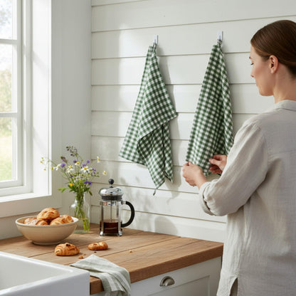 Eight Owls Stonewashed Linen Kitchen Dish Towels – 50 x 68 cm – 100% Pure Linen Tea Towel/Hand Towel - set of 2 Green Check