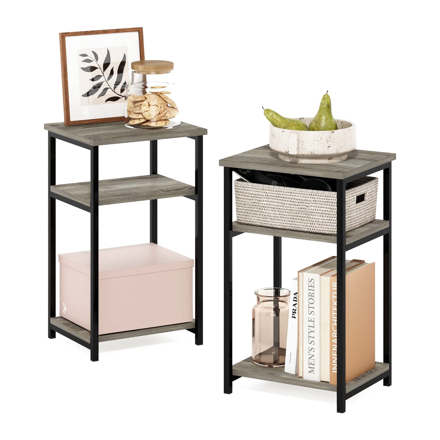 Furinno JUST Side Table Set of 2, 3-Tier Modern Metal Frame End Table with Open Shelf, Night Stand, Bedside Table, Easy Assembly,for Living Room