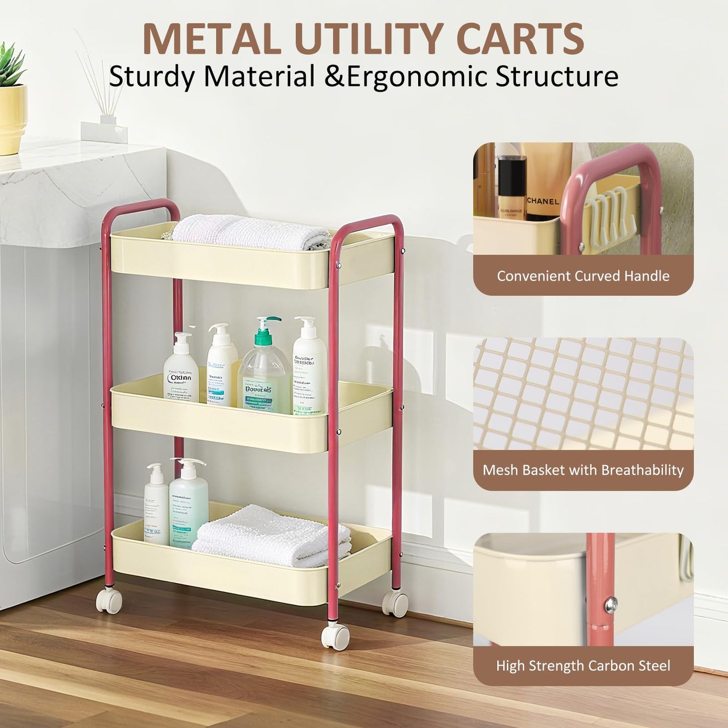 3 Tier Metal Storage Trolley on Wheels Kitchen Trolleys Utility Rolling Cart with Handle ,Mesh Storage Cart Bathroom Cart Veg Rack and Multi-Purpose