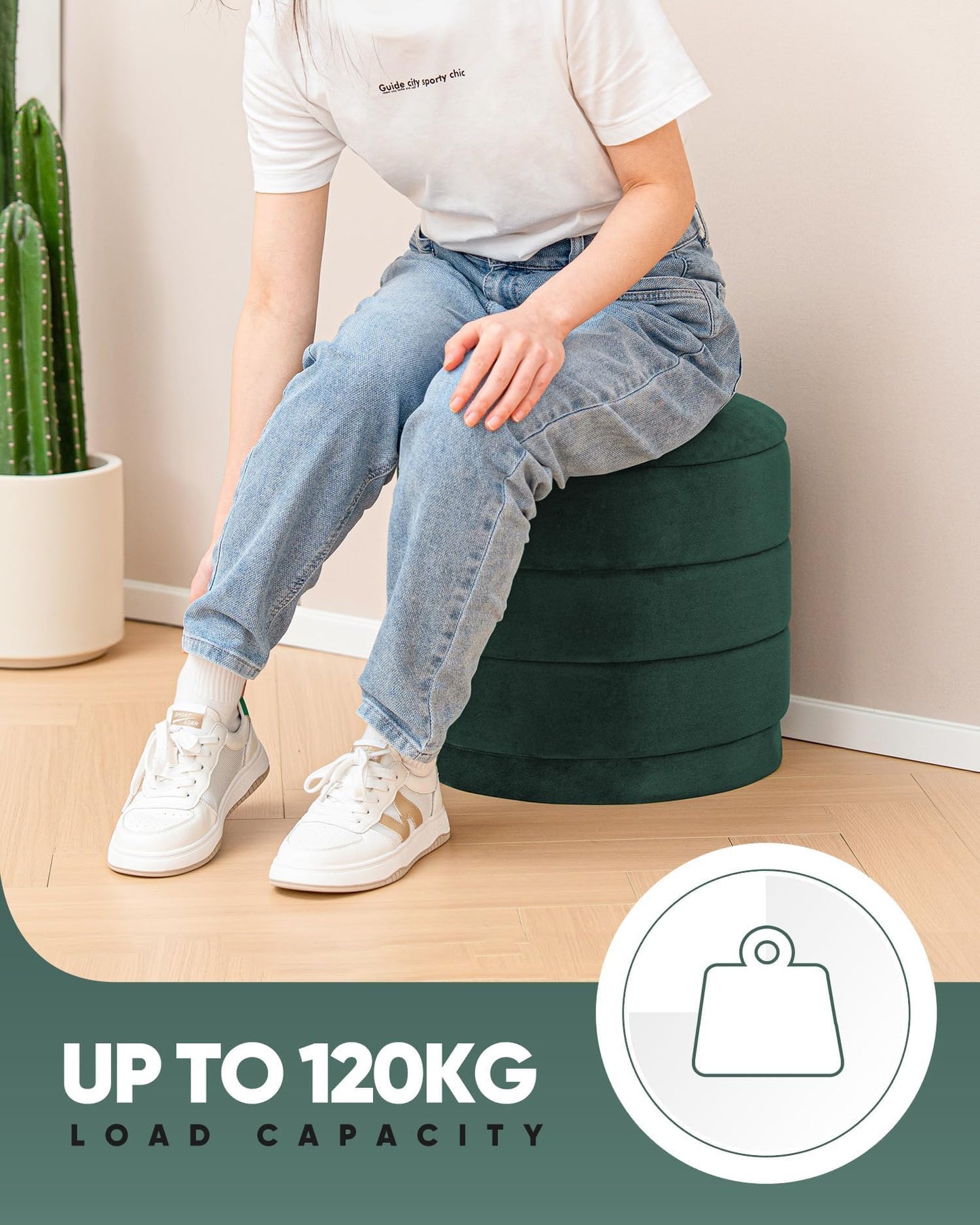 Bonlife Storage Ottoman Round - Folding Foot Rest with Hidden Storage, Bottle Green Velvet 39x39x37cm for Living Room, Bedroom & Hallway