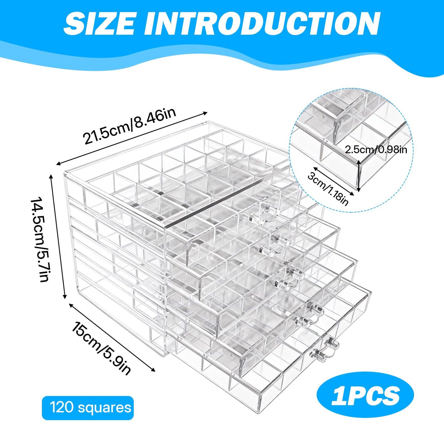 NEUSID Rock Display Case, 5 Drawers Rock Collection Box with 120 Grids Clear Acrylic Gemstone Crystal Jewellery Display Storage Cases for Rings