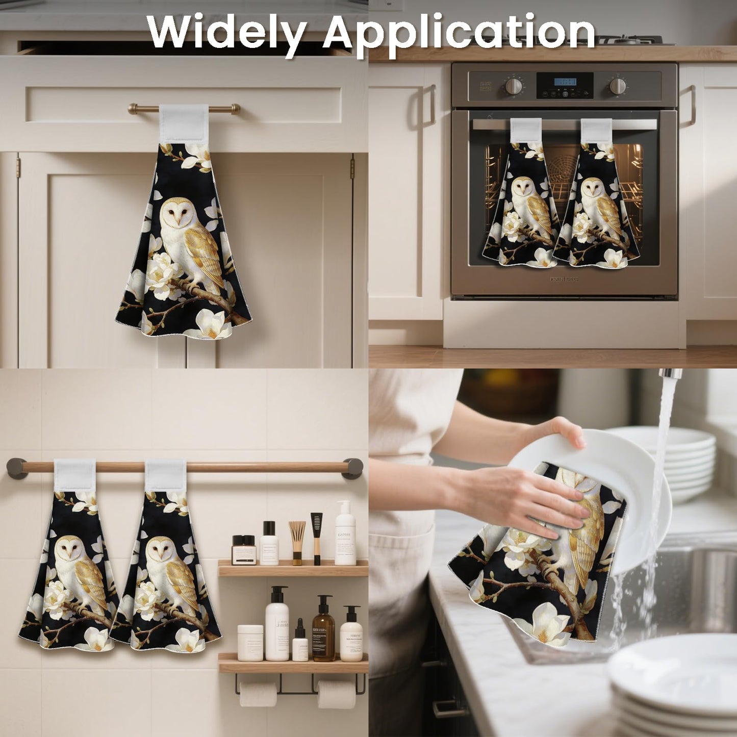 CUTHOLLOW 2 Pcs Owl and White Magnolia Hanging Kitchen Towels with Loop