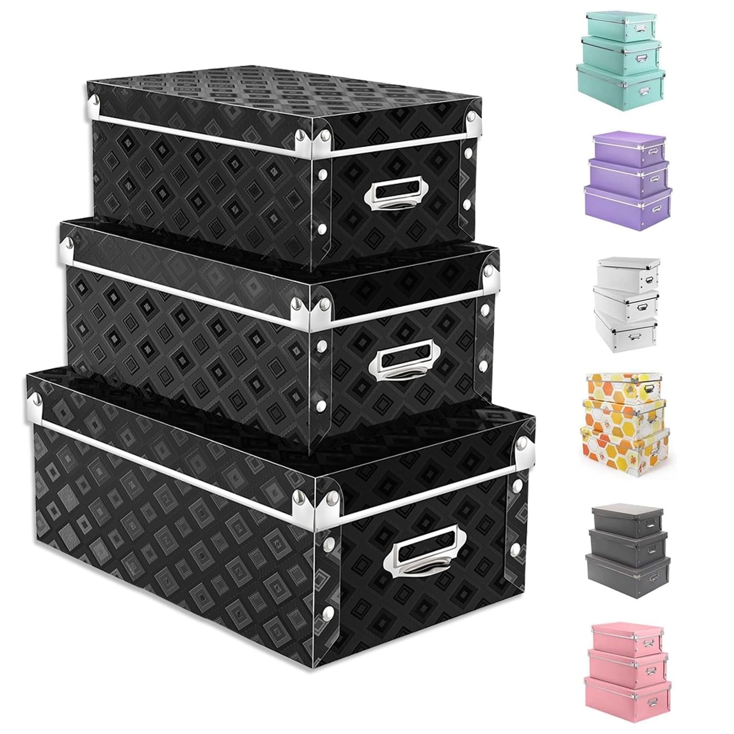 XUCHUN Storage Box with Lids (Black), Set of 3 Waterproof Foldable Plastic Box Multiple Sizes for Socks/Office