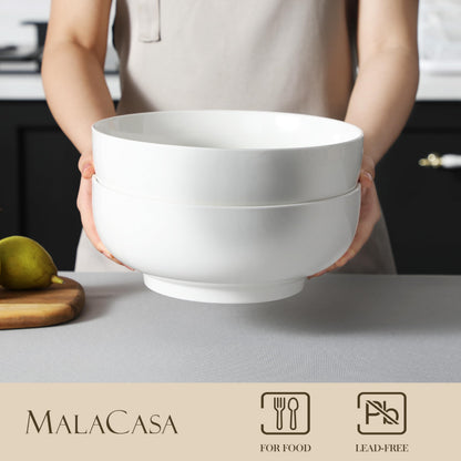 MALACASA Large Salad Bowls, Soup Bowl Set of 2, Porcelain Cereal Bowl, White Serving Bowls, Perfect for Noodles, Desserts and Breakfast, 3400ML,